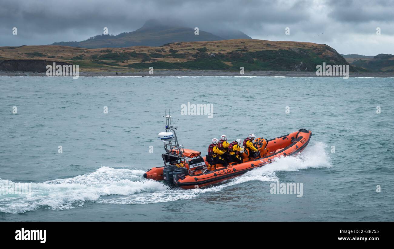 RNLI Criccieth Lifeboat Station's Atlantic 85 class lifeboat putting to sea on exercise. Stock Photo