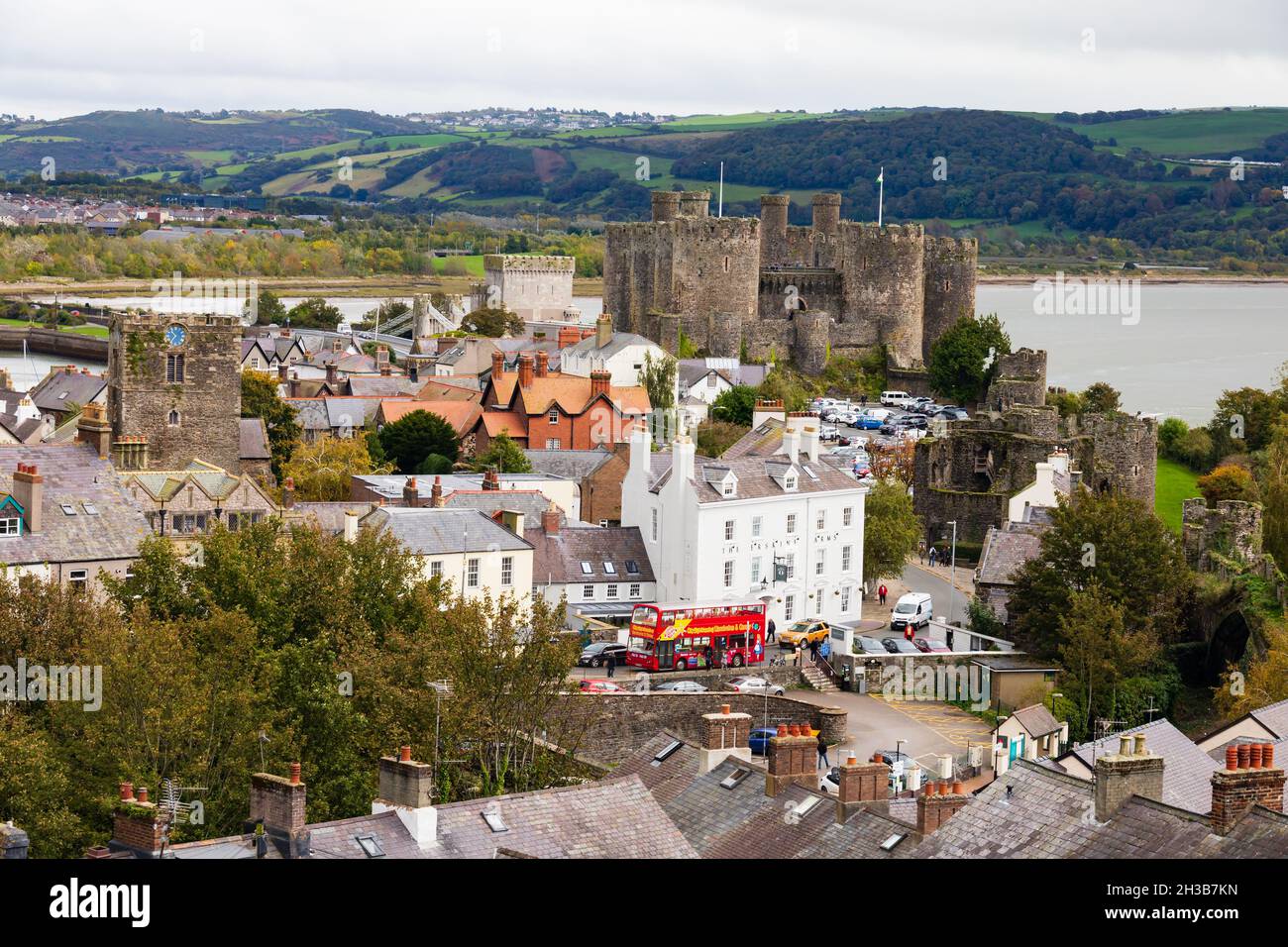 Overlooking Conwy town and Conwy Castle, Conwy, Clwyd, Wales Stock Photo