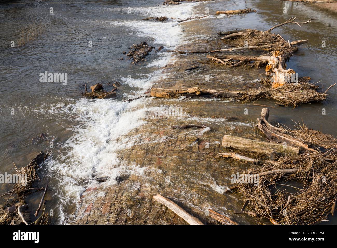 River debris from river flood; River Werra; Hannoversch Münden; Lower Saxony; Germany; Europe Stock Photo