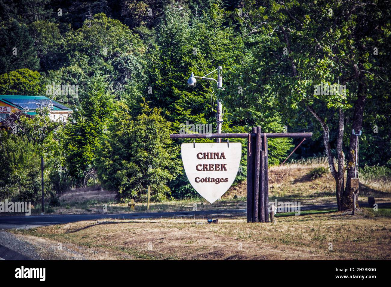05 27 2021 Willow Creek, CA USA Sign for China Creek Cottages  in Northern California in wooded area in danger of forest fires Stock Photo
