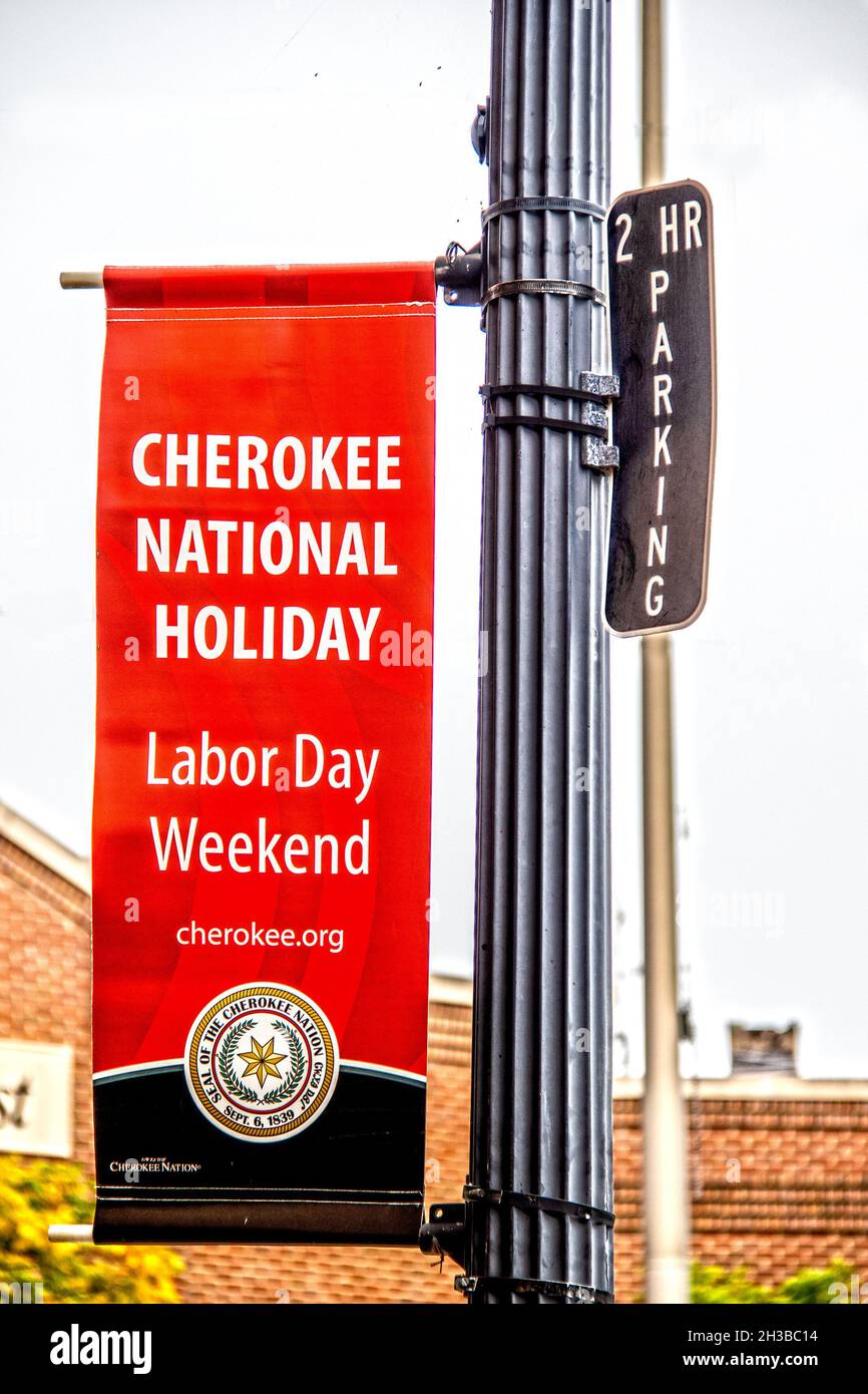 2019 08 31 Tahlequah Oklahoma USA - Sign on lampost Cherokee National Holiday Labor Day Weekend Stock Photo