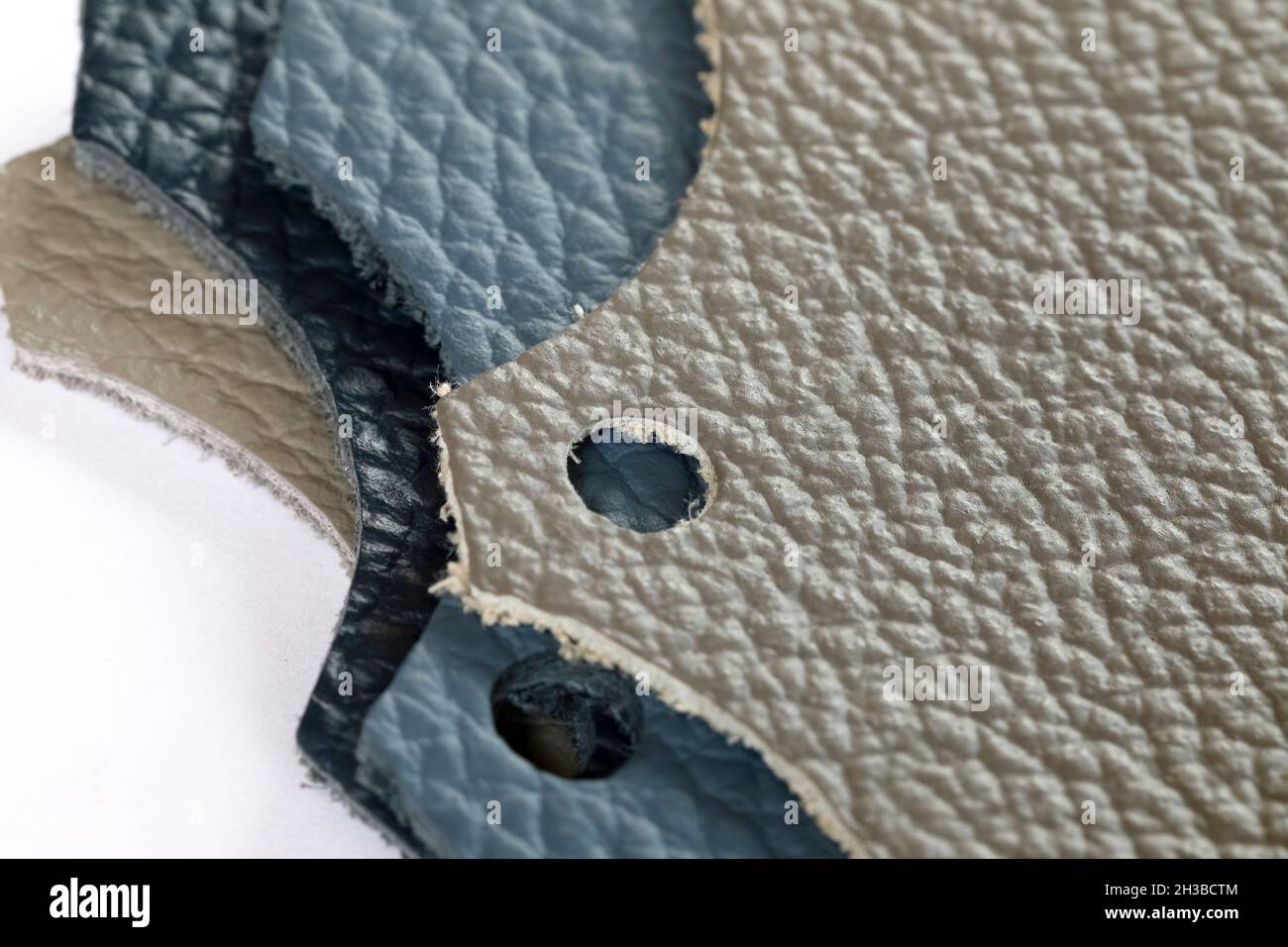 Natural leather upholstery samples are shown up close. Stock Photo