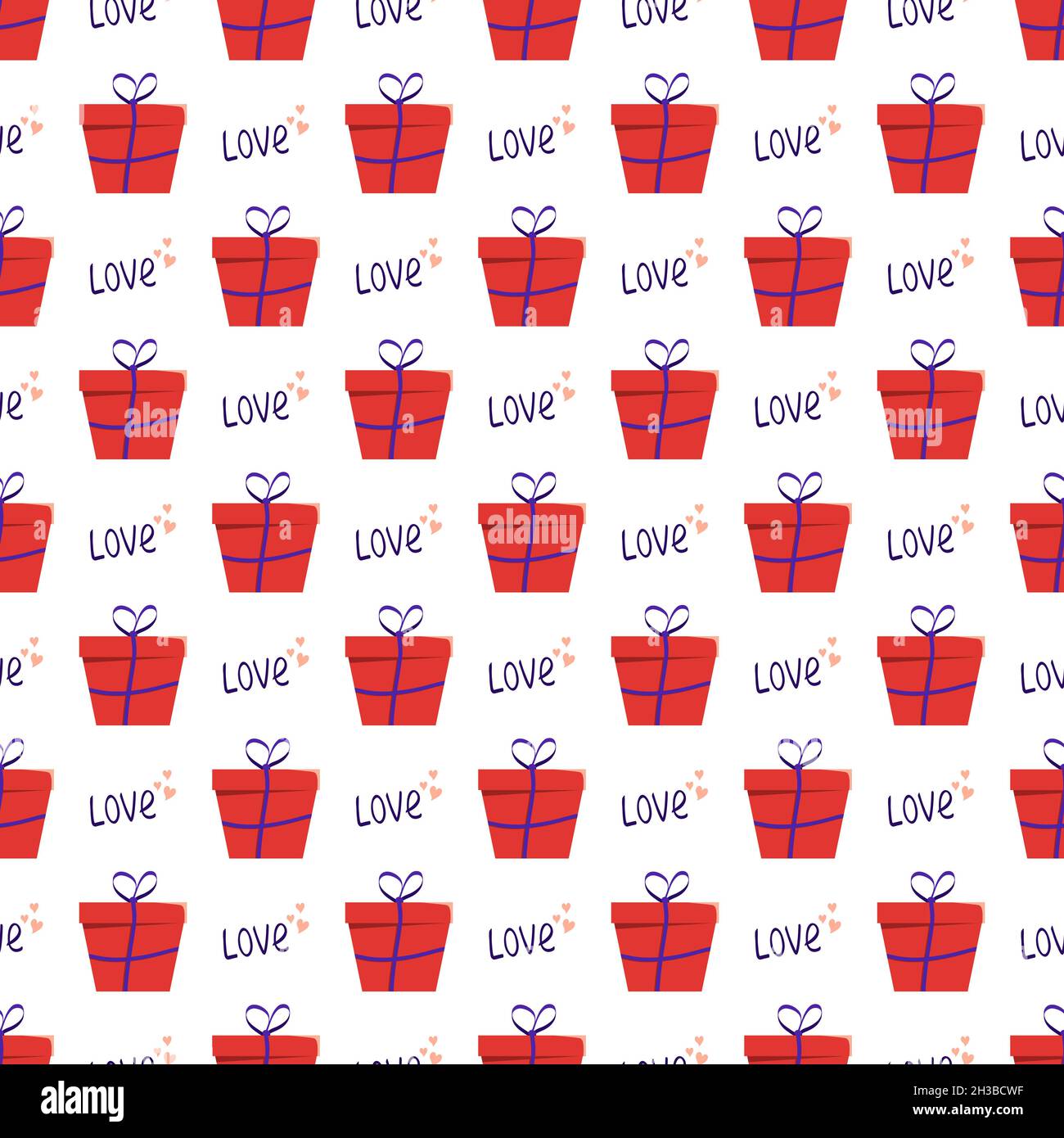 Cute seamless pattern with red gift boxes, word love and hearts. Print for valentine day, wedding, holidays and design  Stock Vector