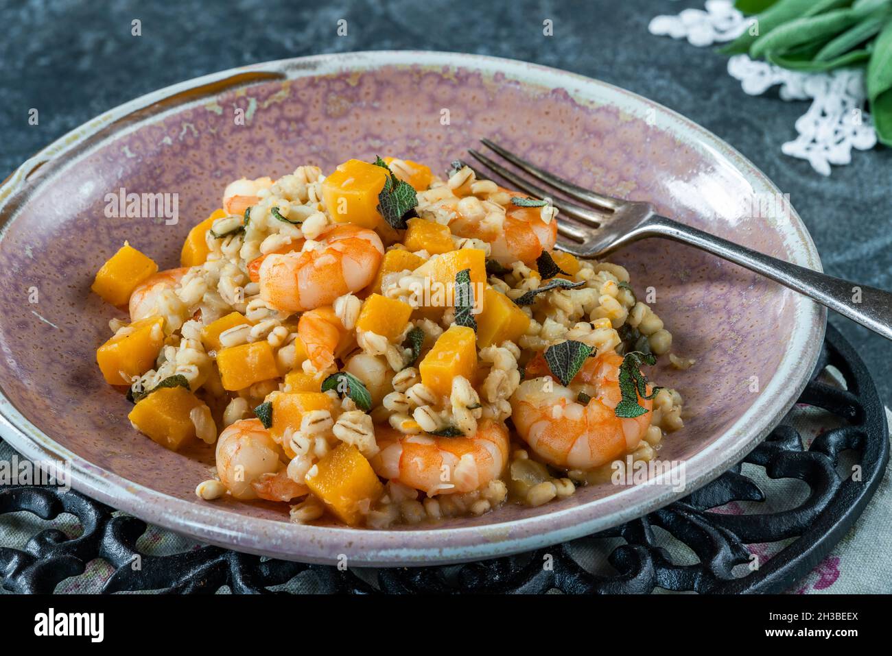 Pearl barley risotto with king prawns, butternut squash and sage Stock