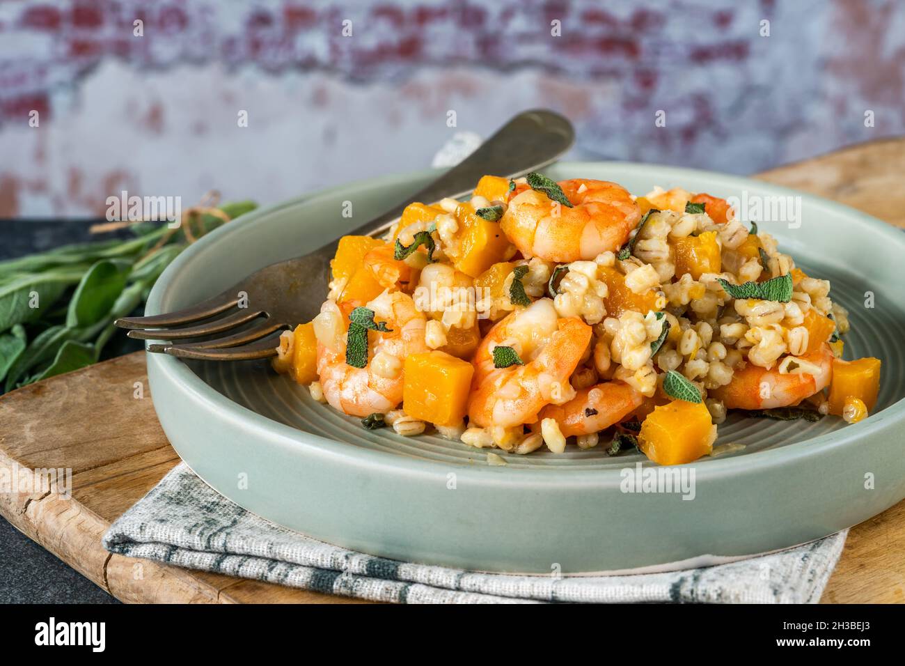 Pearl barley risotto with king prawns, butternut squash and sage Stock