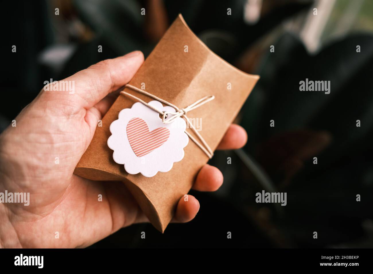 Male hand holding small gift wrapped in craft paper on dark green background. Homemade present, heart shape on gift label. Sustainable gift wrapping. Stock Photo