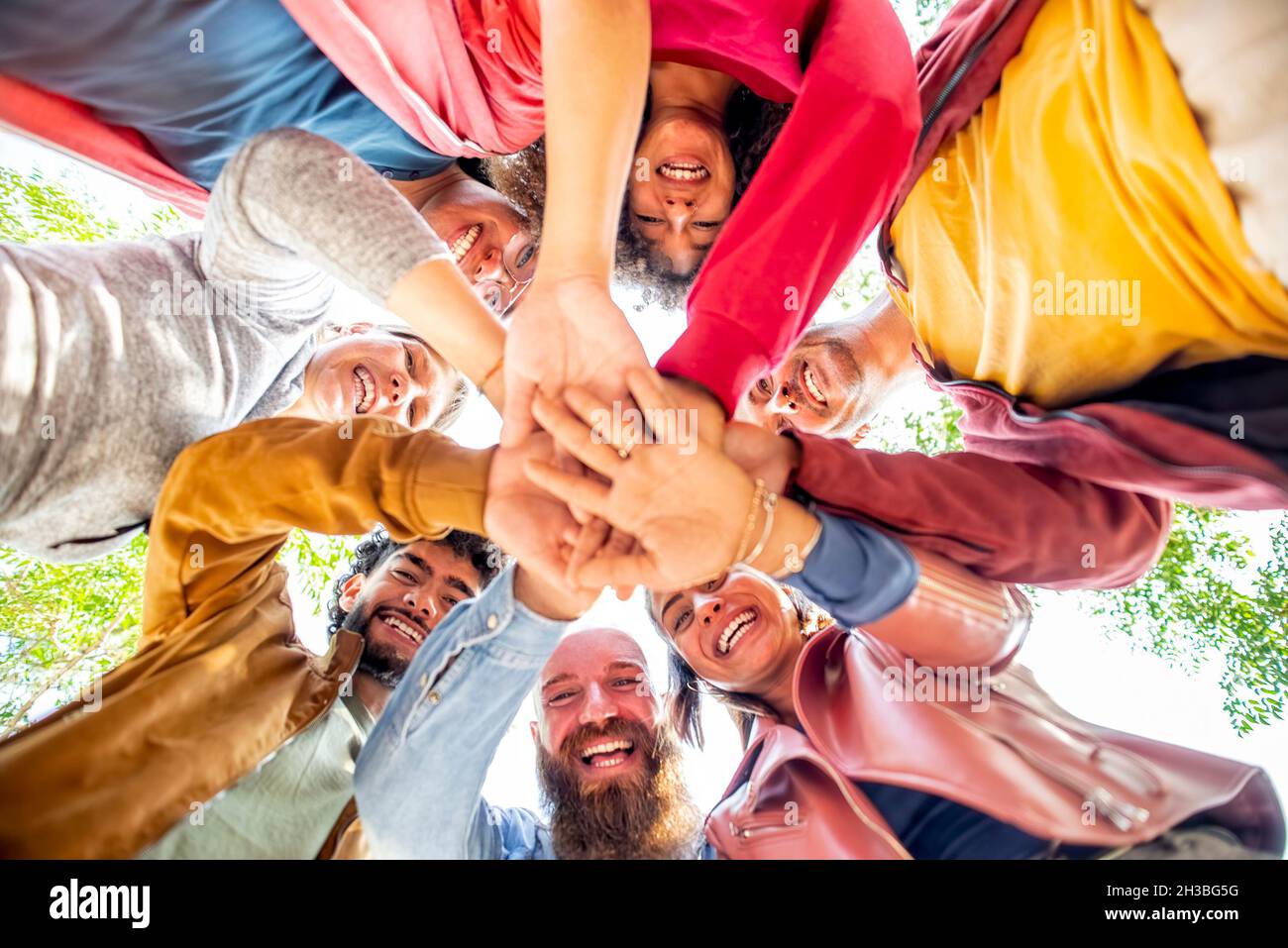 directly below portrait of happy diverse large group of multicultural friends holding hands making high five stacking them together outdoors. Stock Photo