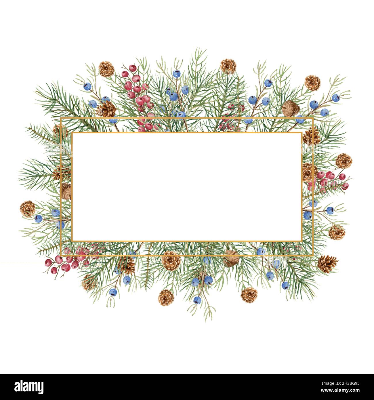Christmas winter illustration. Rectangular frame with watercolor spruce ...