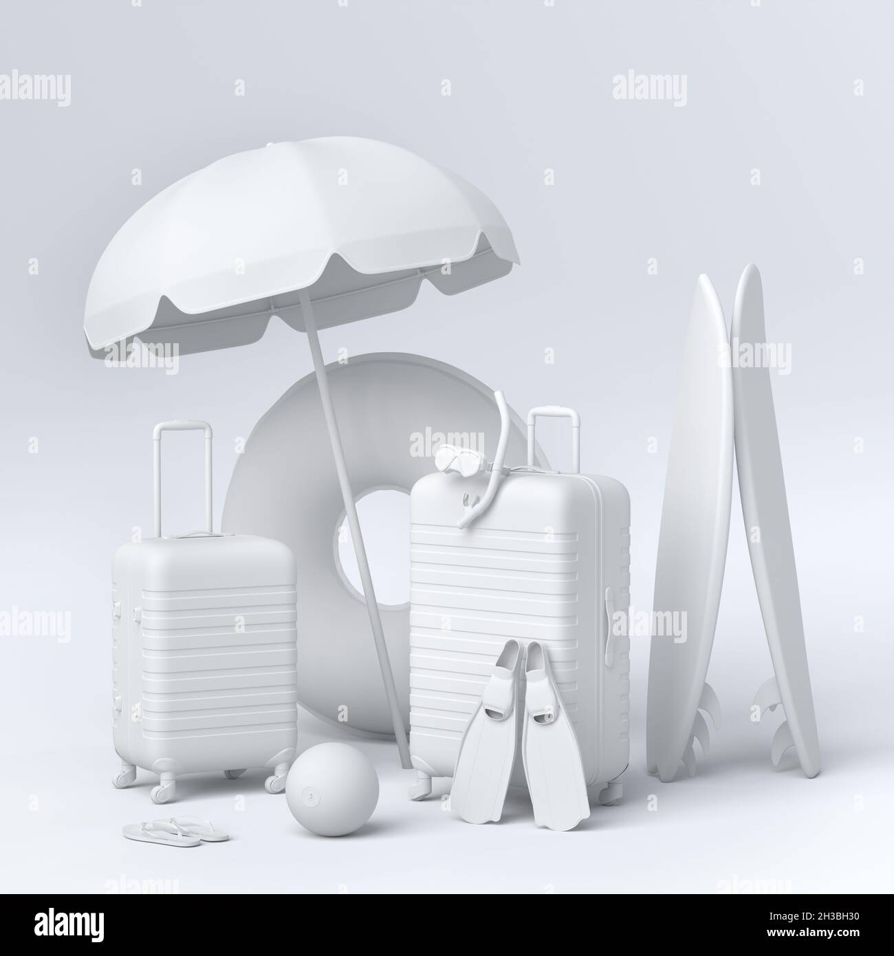 Suitcase with beach umbrella and surf board on monochrome background. Stock Photo