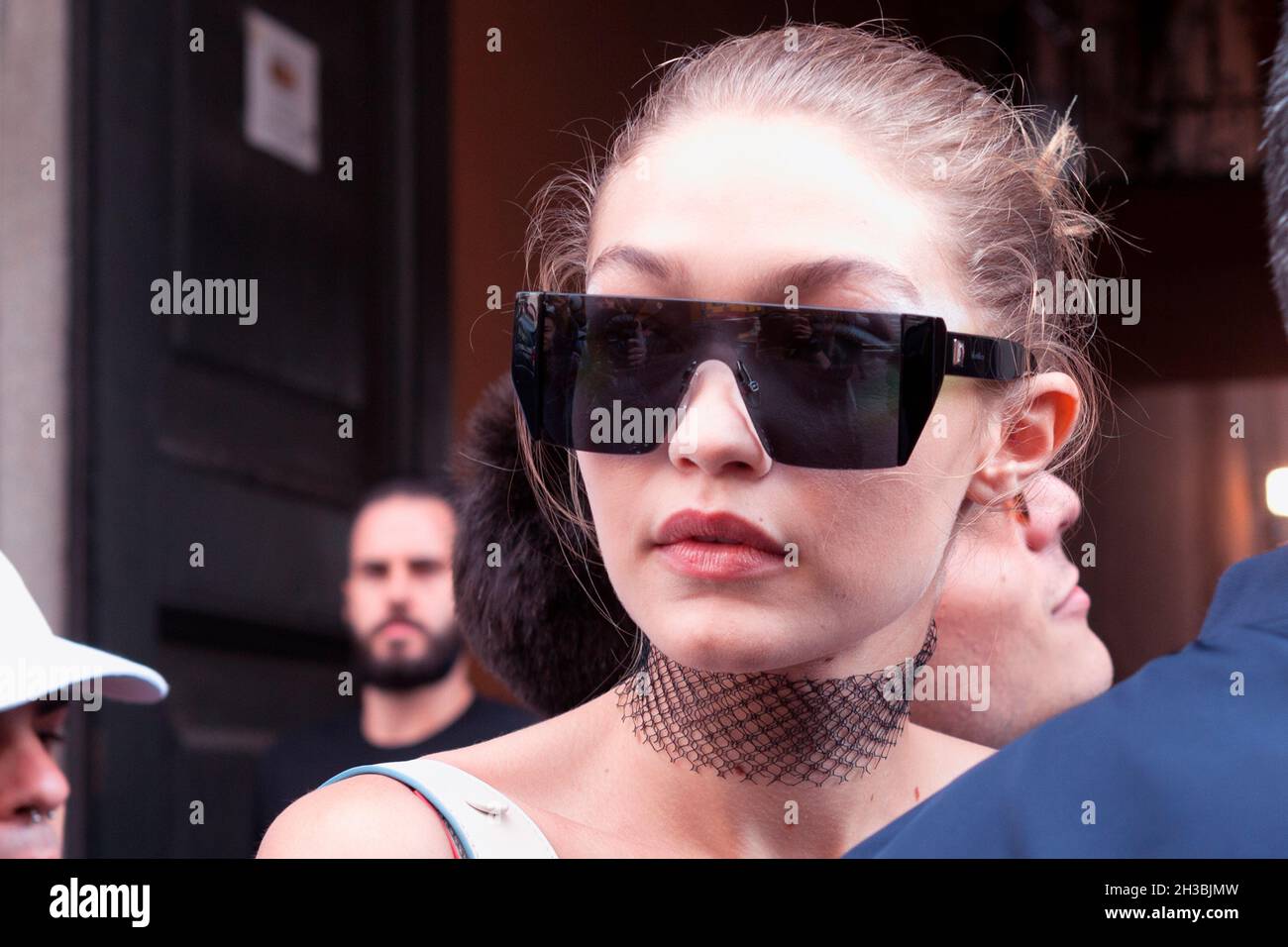 Gigi Hadid seconds before gets attacked in Milan by prankster Vitalii Sediuk, Italy 2016 Stock Photo