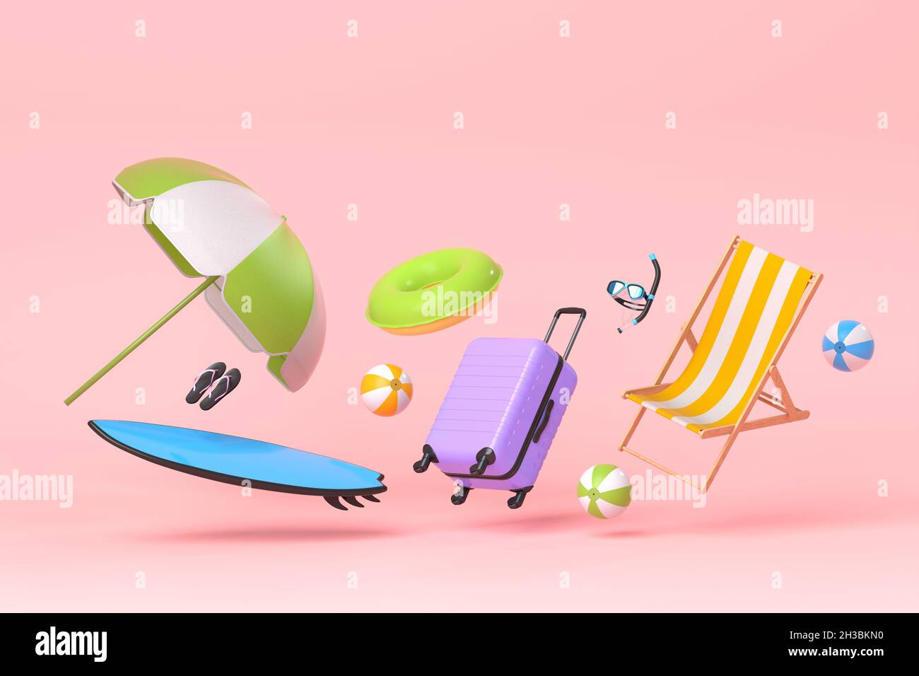 Suitcase with beach accessories like surf, umbrella and chair on pink background Stock Photo