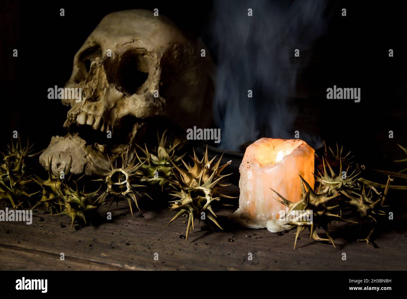 burundanga fruits and seeds with a human skull fire and smoke Stock Photo