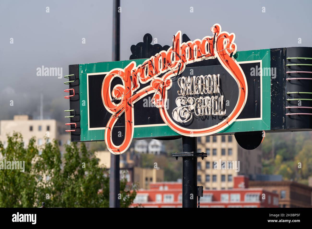 Duluth, Minnesota October 6, 2021 Sign for Grandma's Saloon and Grill, an iconic and famous