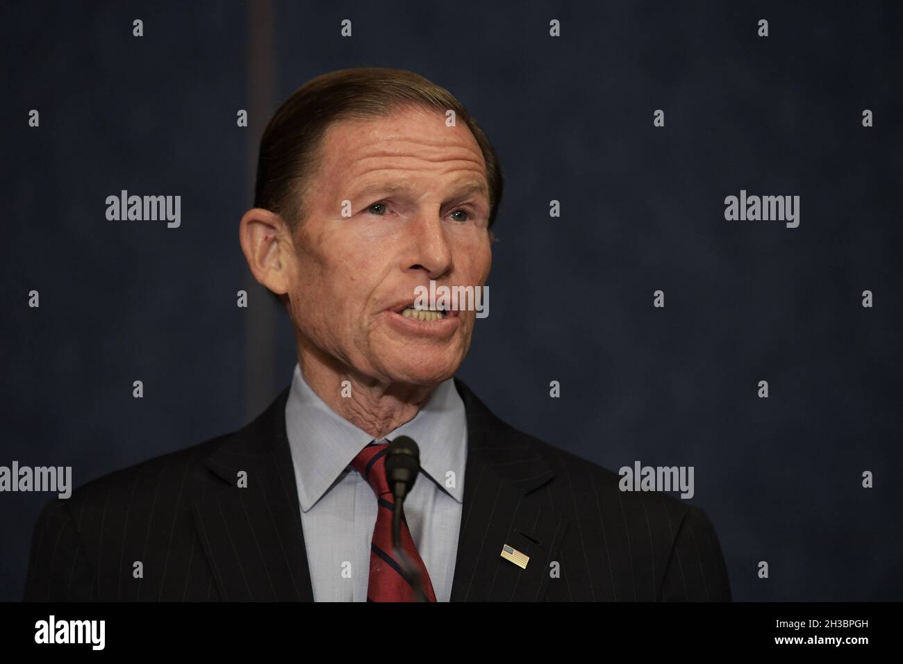 Washington, USA. 27th Oct, 2021. US Senator Richard Blumenthal(D-CT) speaks on social media effects during a press conference about Online Privacy Protection Act, today on October 27, 2021 at SVC/Capitol Hill in Washington DC, USA. (Photo by Lenin Nolly/Sipa USA) Credit: Sipa USA/Alamy Live News Stock Photo