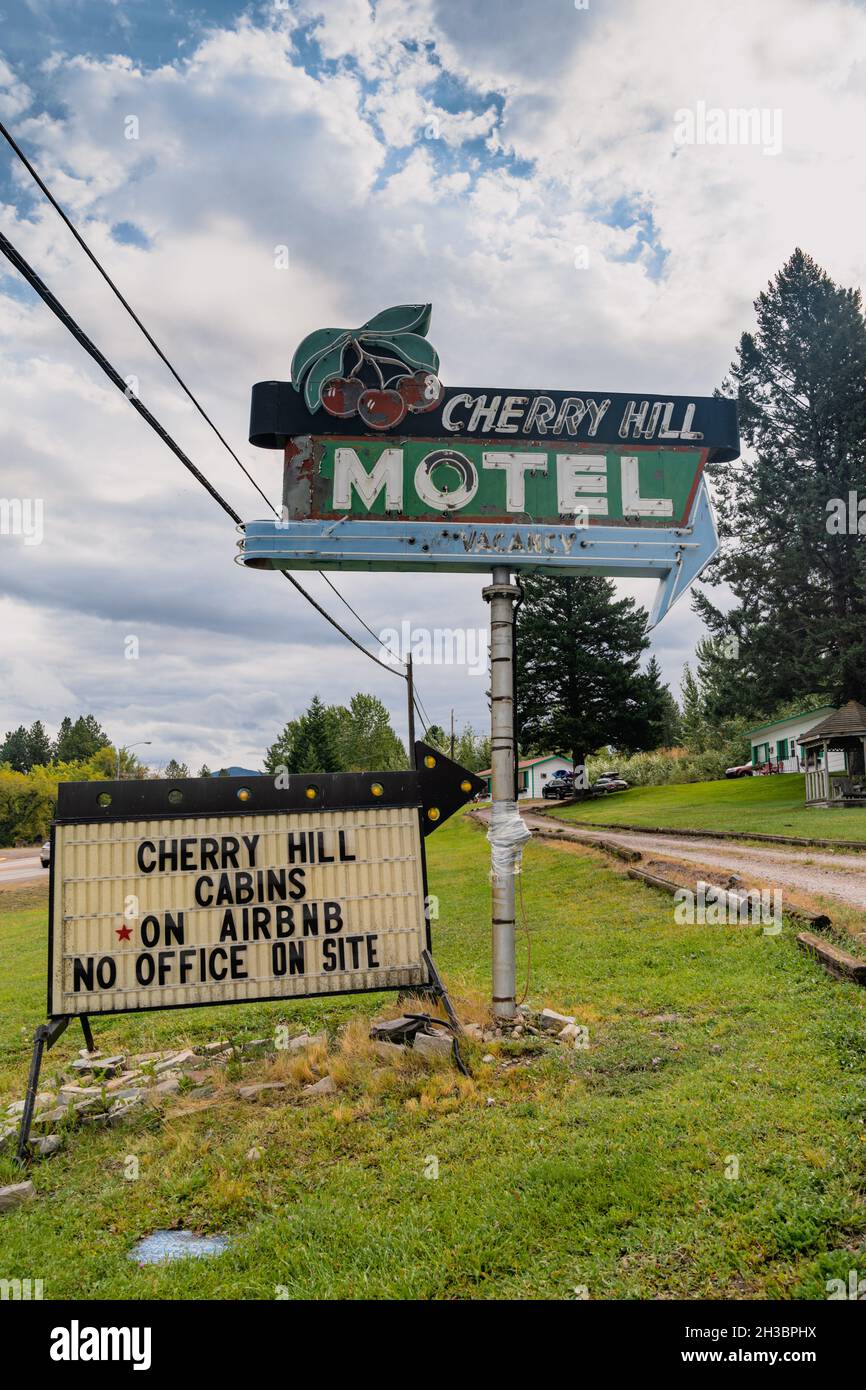 Polson, Montana August 18, 2021 Retro neon sign for the Cherry Hill