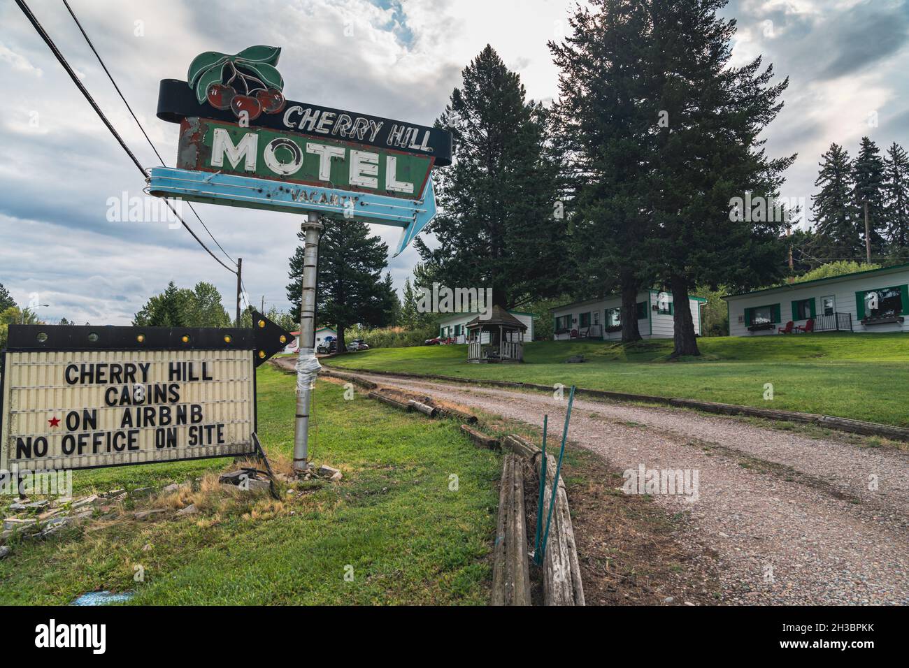 Polson, Montana August 18, 2021 Retro neon sign for the Cherry Hill