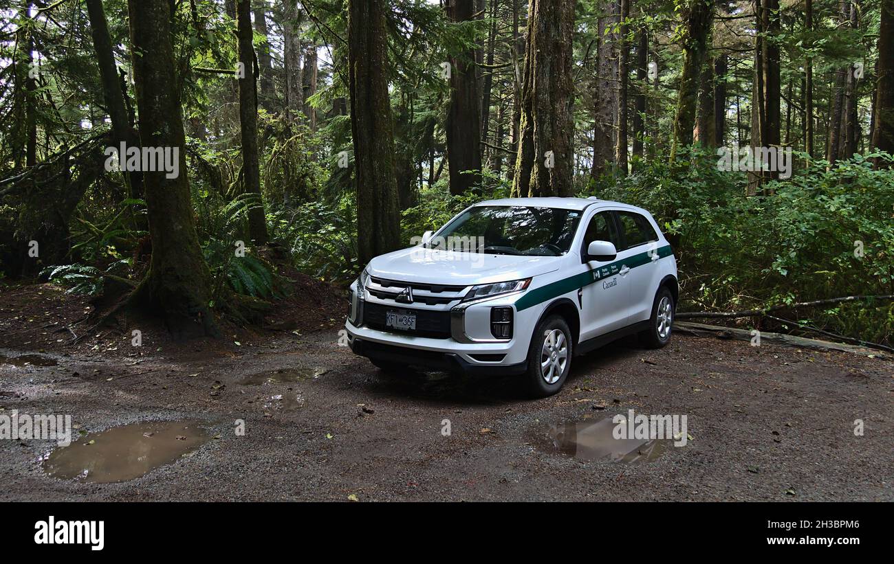 Parks canada vehicle with white paint and green stripe parking in forest near Florencia Bay, Vancouver Island. Focus on front of car. Stock Photo