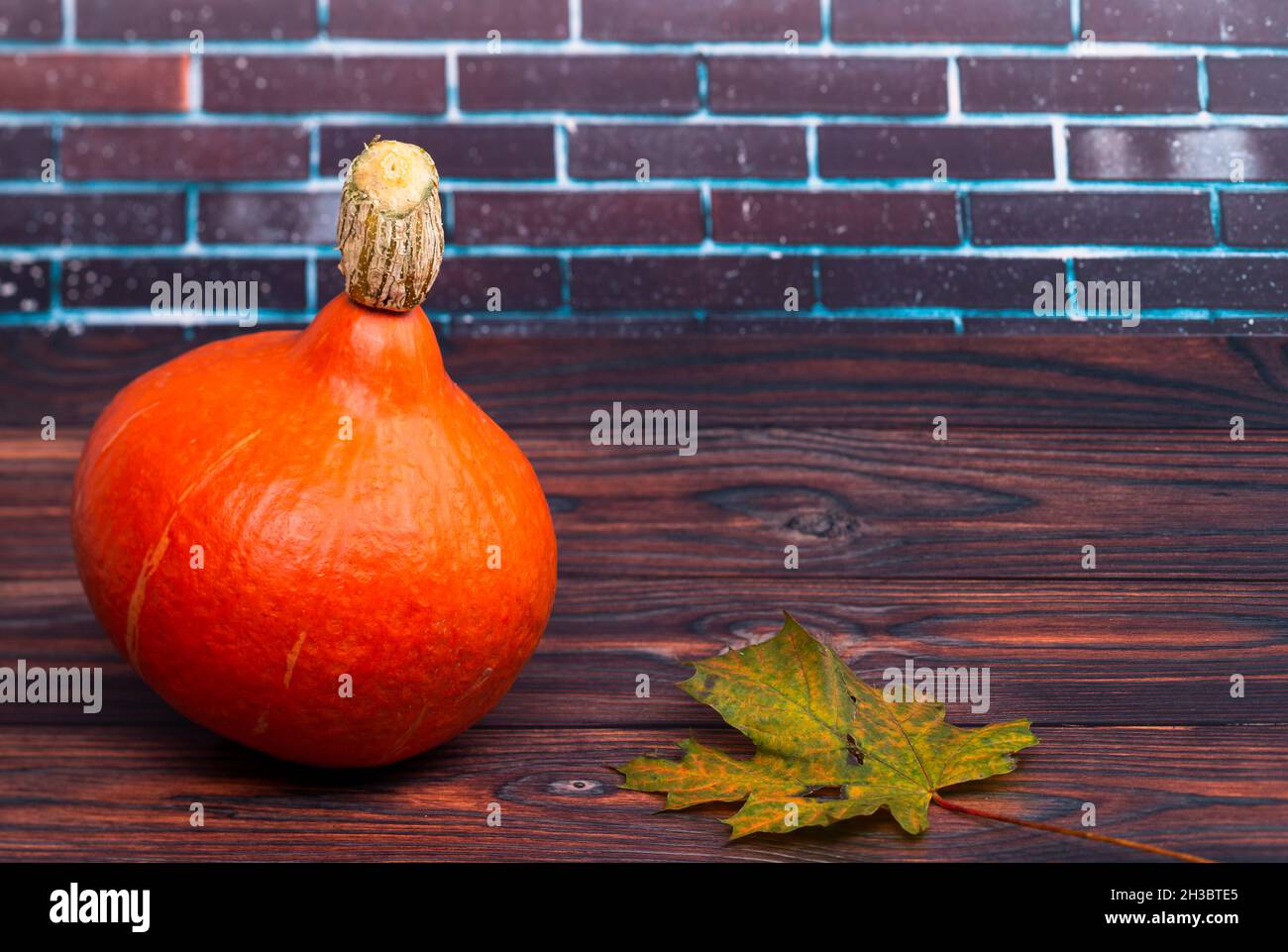 The photo shows an orange Hokkaido pumpkin on a wooden table with a leaf in front of a wall Stock Photo