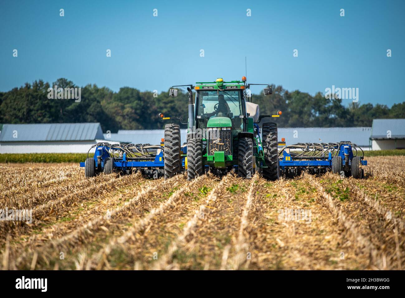 Cover crop planting after corn on Eastern Shore of Maryland Stock Photo