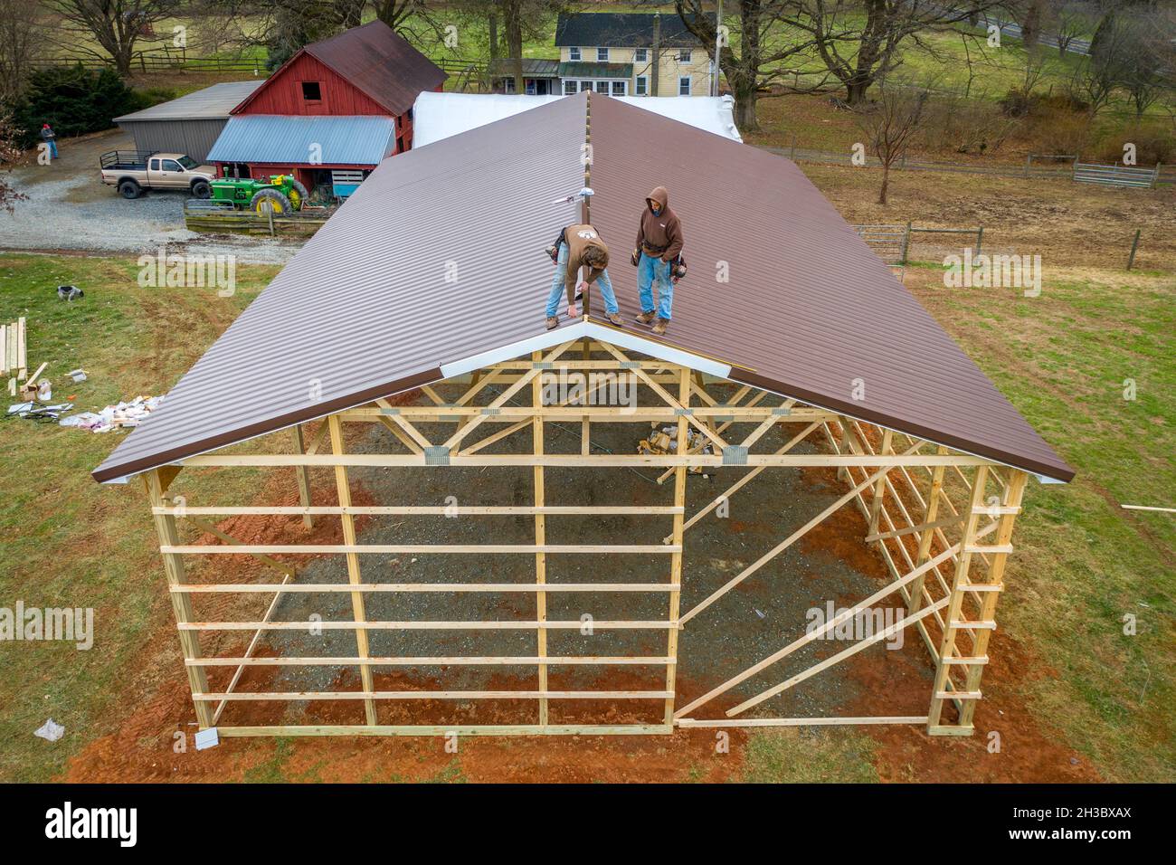 Pole Barn construction on farm in Harford County Maryland Stock Photo
