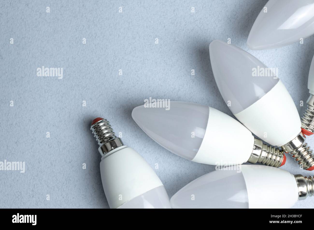 Modern energy saving LED light bulbs, flat lay and top view Stock Photo