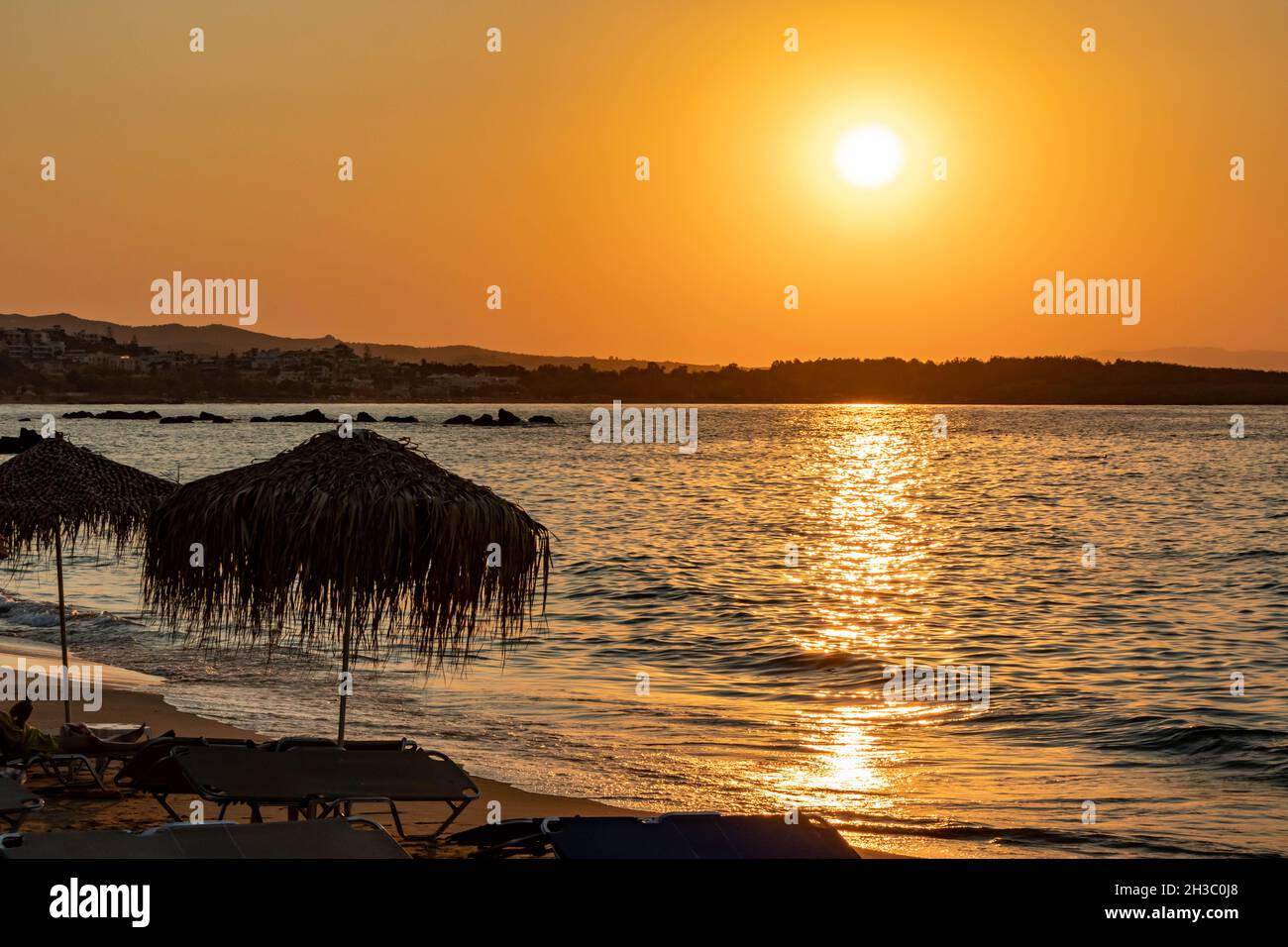 Sunset, Chania Beach, Crete, Greece Stock Photo