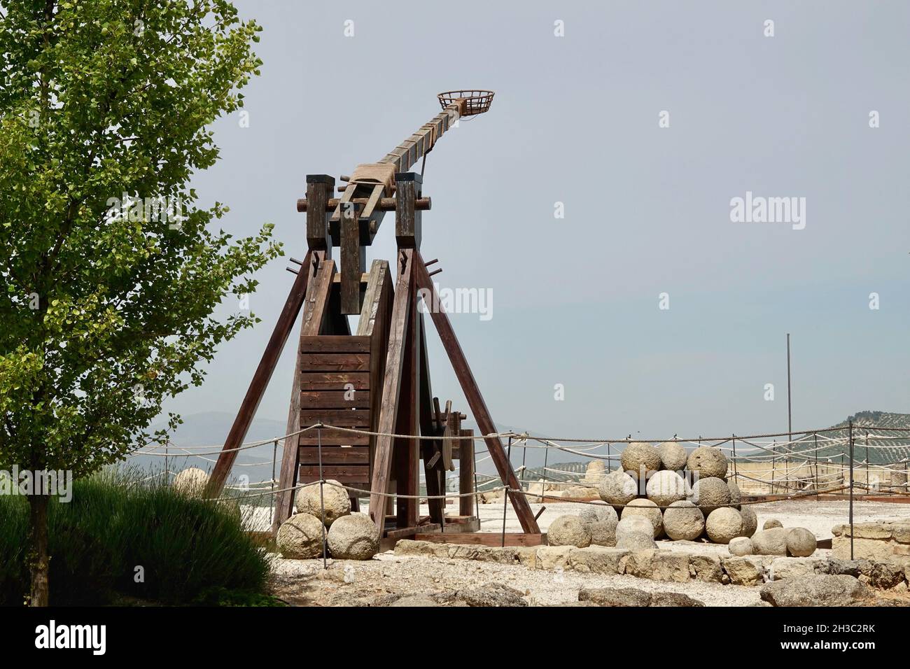 Exterior view of a medieval wooden catapult in the fortress of La Mota (Alcalá la Real, Spain) Stock Photo