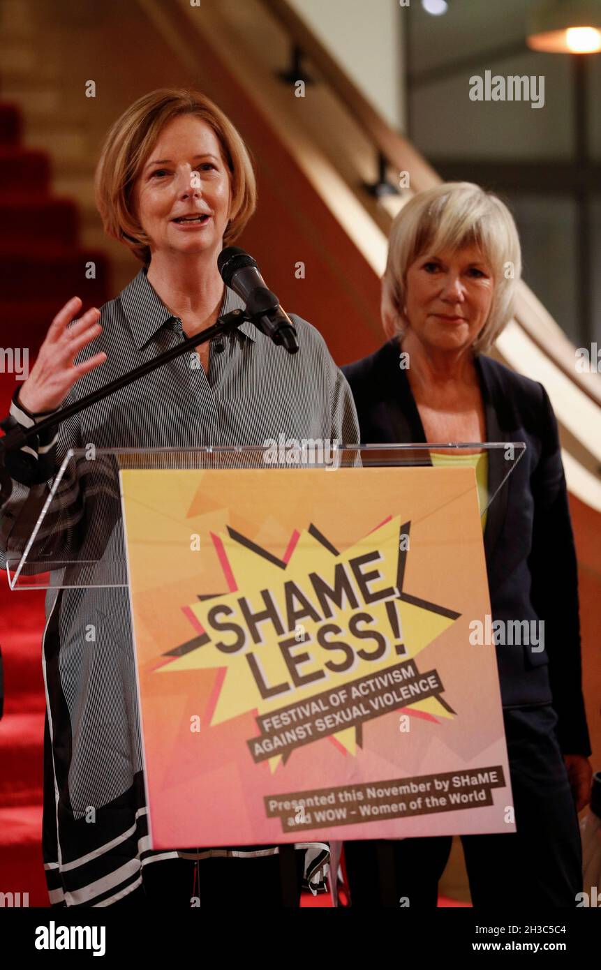 Julia Gillard (left), former prime minister of Australia, speaks as