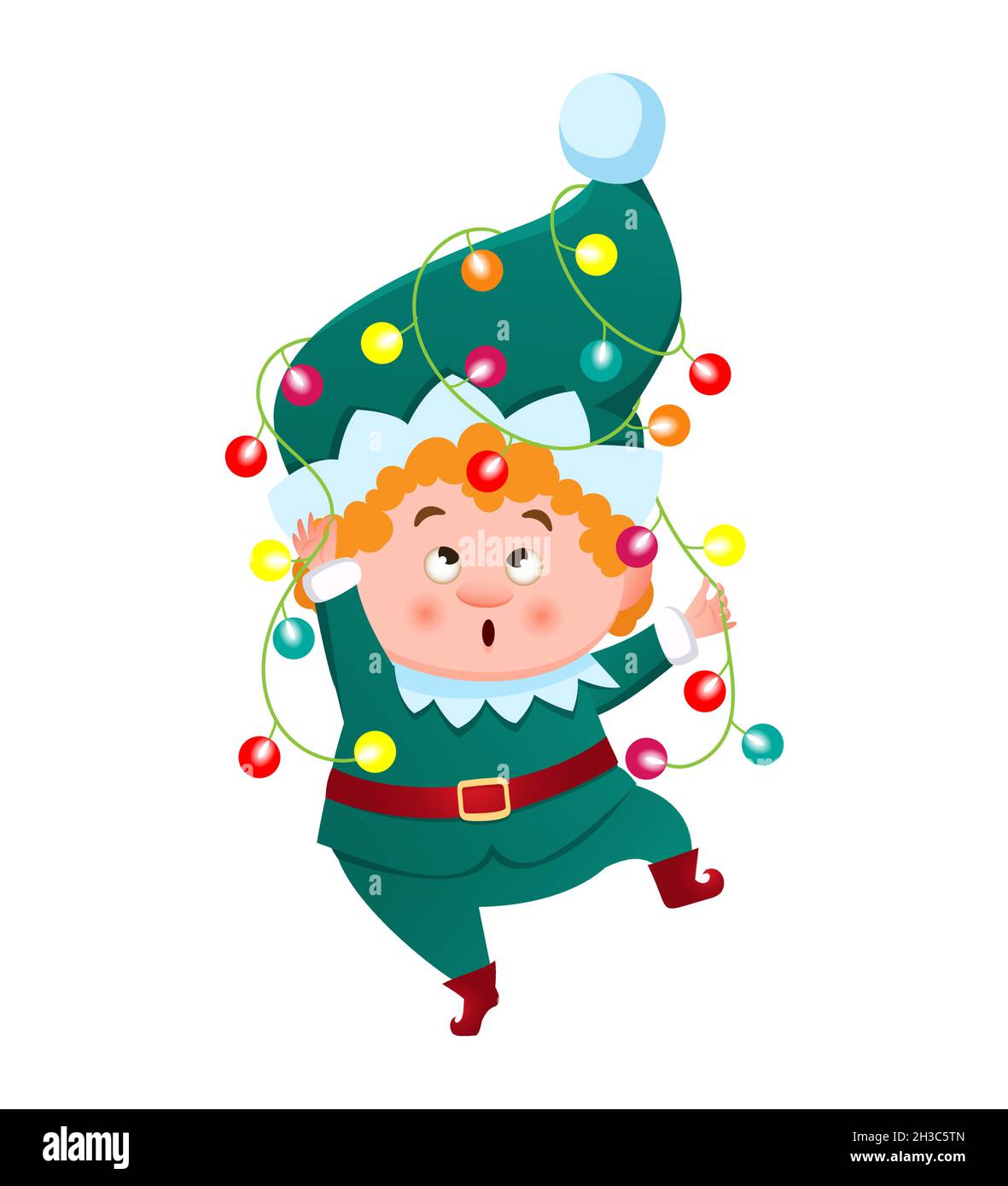 A cute elf, gnome, Santa's helper, entangled in a Christmas garland with colorful lights. Vector illustration in cartoon style Stock Vector