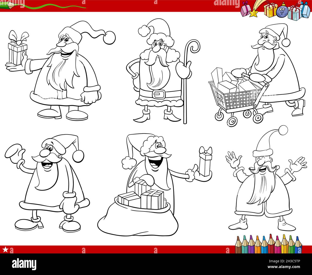 Black and white illustration of Christmas holidays cartoons set with Santa Claus characters coloring book page Stock Vector