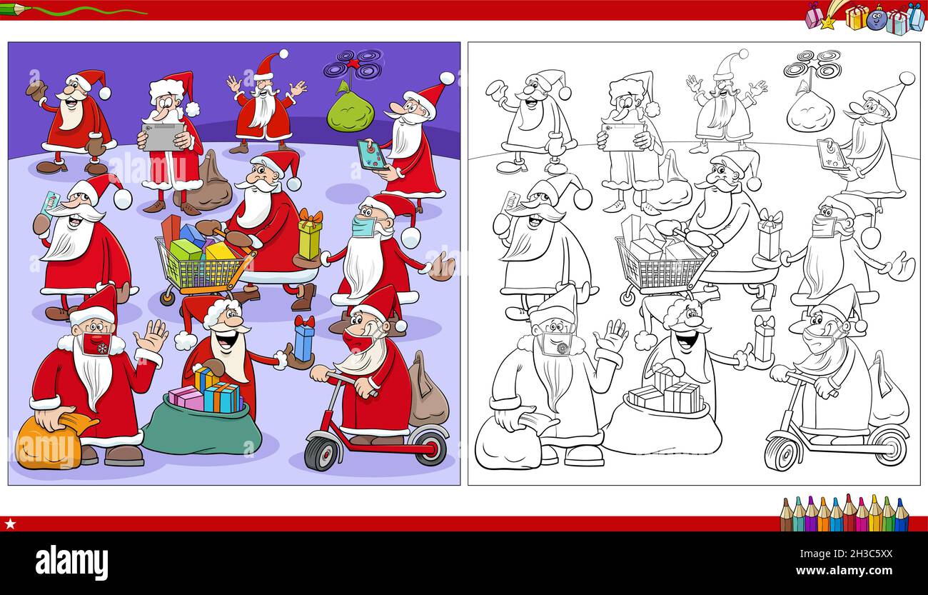 Cartoon illustration of Santa Claus characters group on Christmas time coloring book page Stock Vector