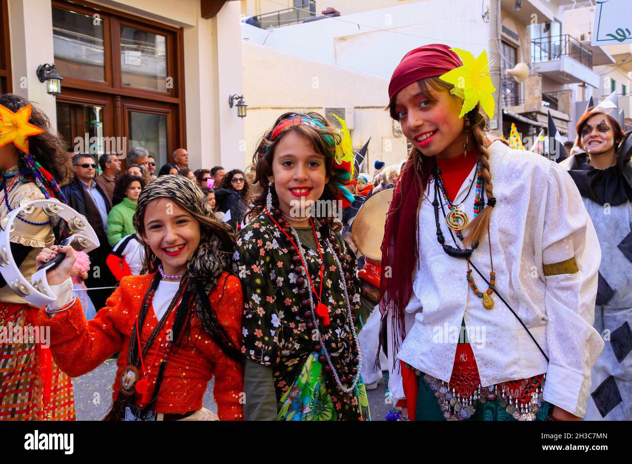 Heraklion, Crete, Greece, March 12, 2016: Participants in colorful costumes  marching and dancing in the streets on Mardi Gras carnival festivities in  Stock Photo - Alamy