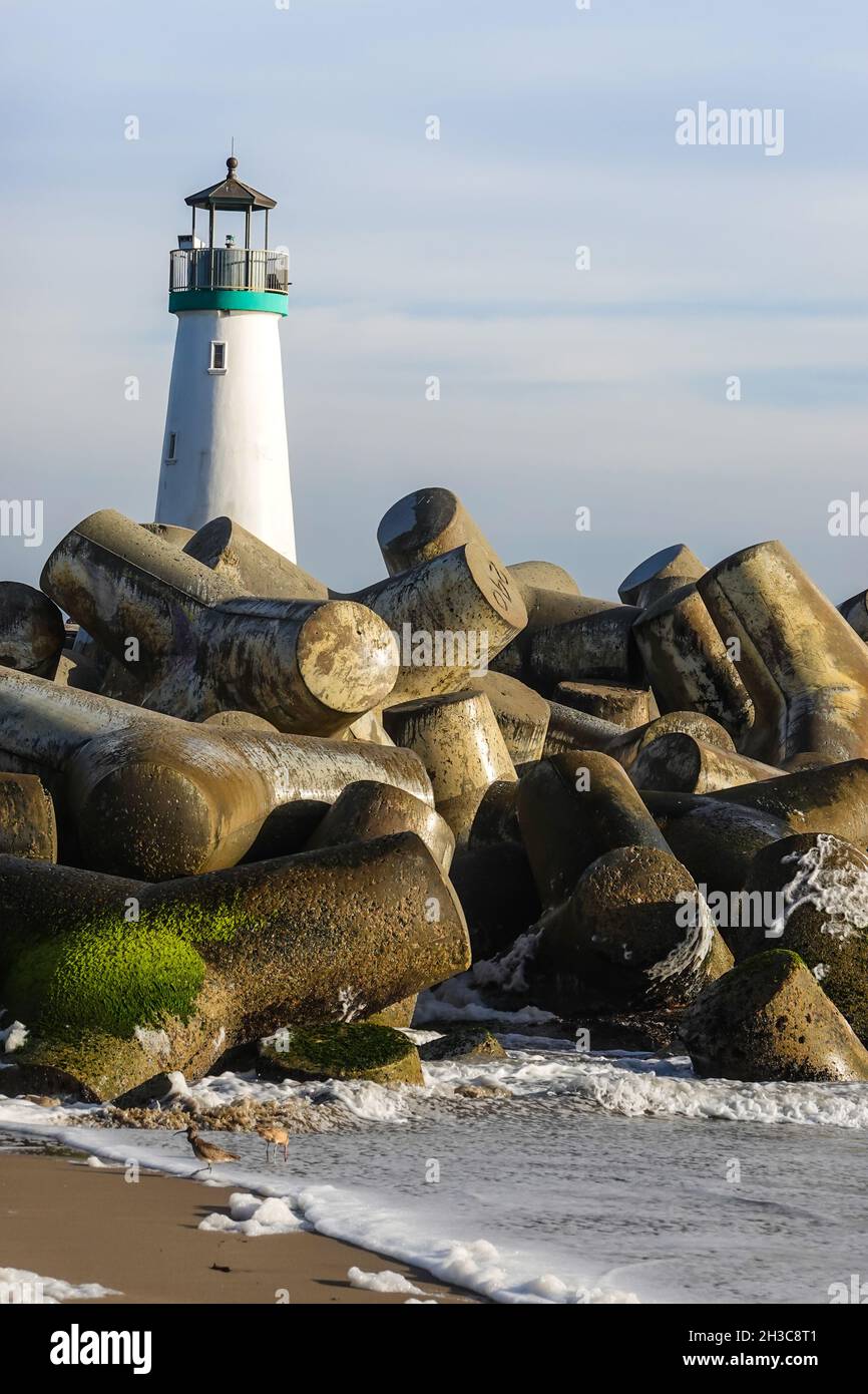 The Walton Lighthouse and concrete tetrapods at the Santa Cruz harbor