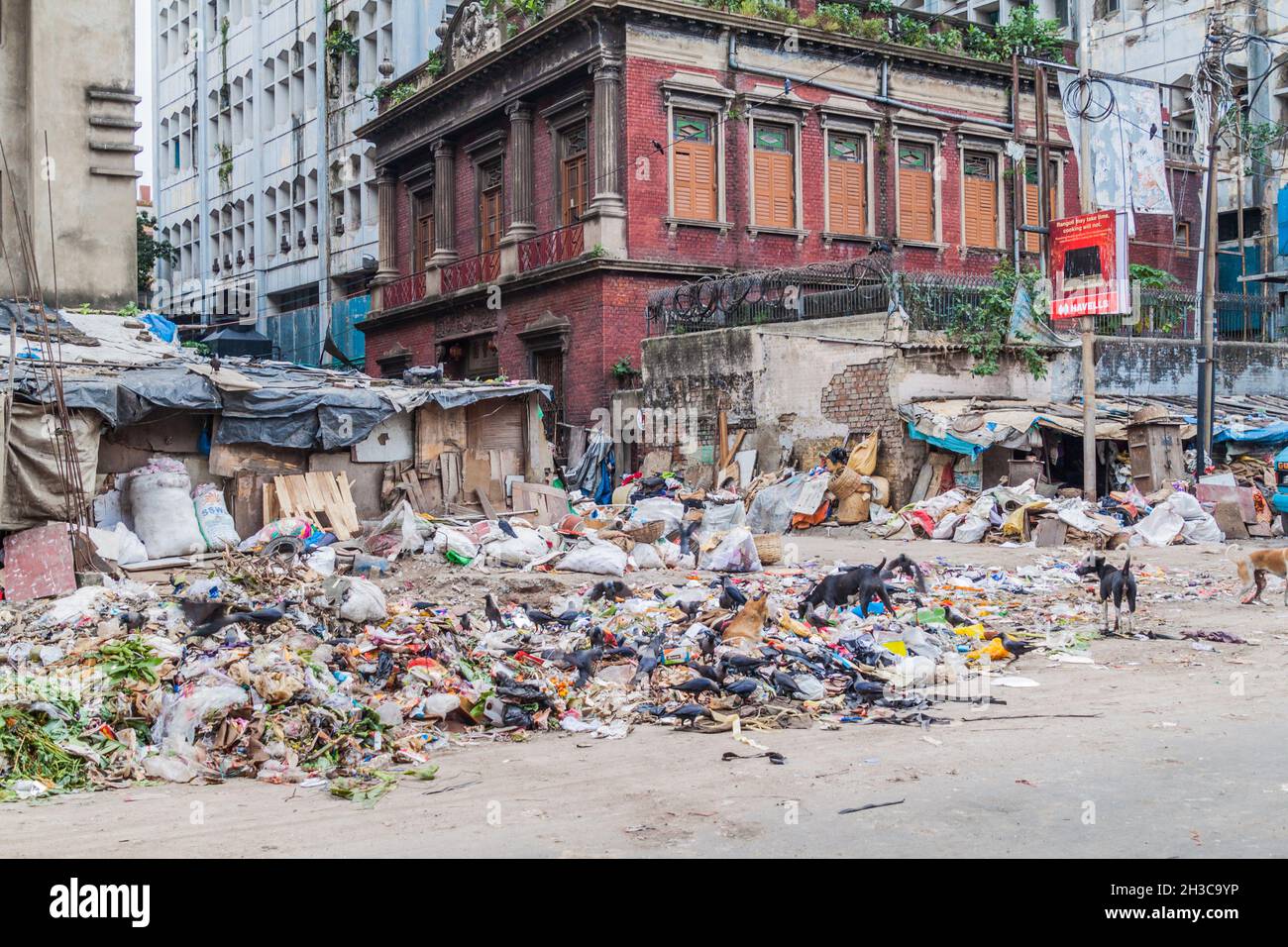 KOLKATA, INDIA - OCTOBER 31, 2016: Trash covered street in the center of Kolkata, India Stock Photo