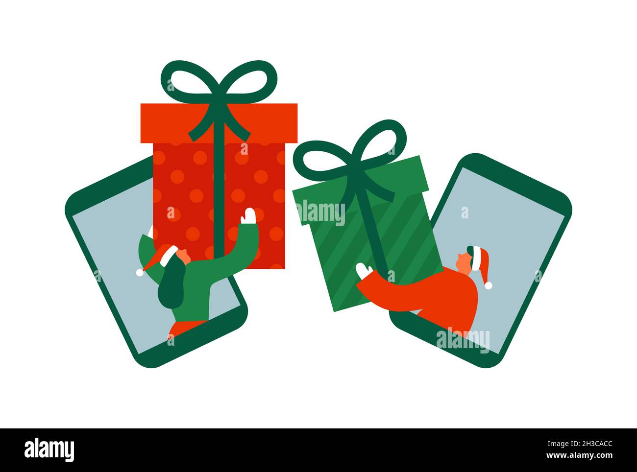 Man and woman friends swapping christmas gifts on mobile phone. Isolated white background illustration in modern flat cartoon style for online friends Stock Vector