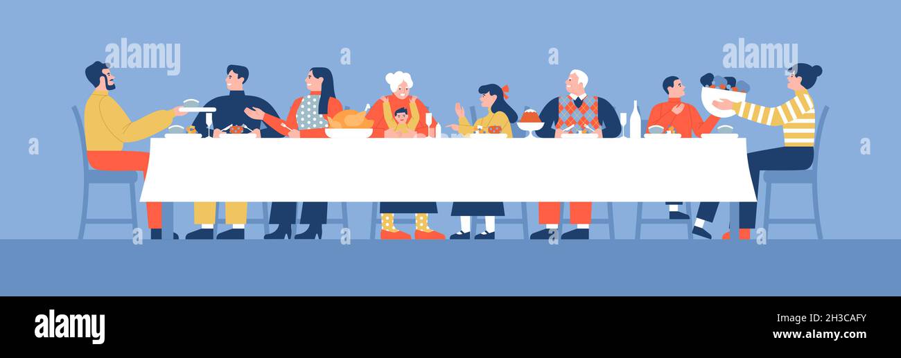 Big happy family eating together at dinner table on special holiday celebration or birthday event. Modern people cartoon illustration concept includes Stock Vector Image & Art - Alamy Big happy family eating together at dinner table on special holiday celebration or birthday event. Modern people cartoon illustration concept includes Stock Vector Image & Art - Alamy
