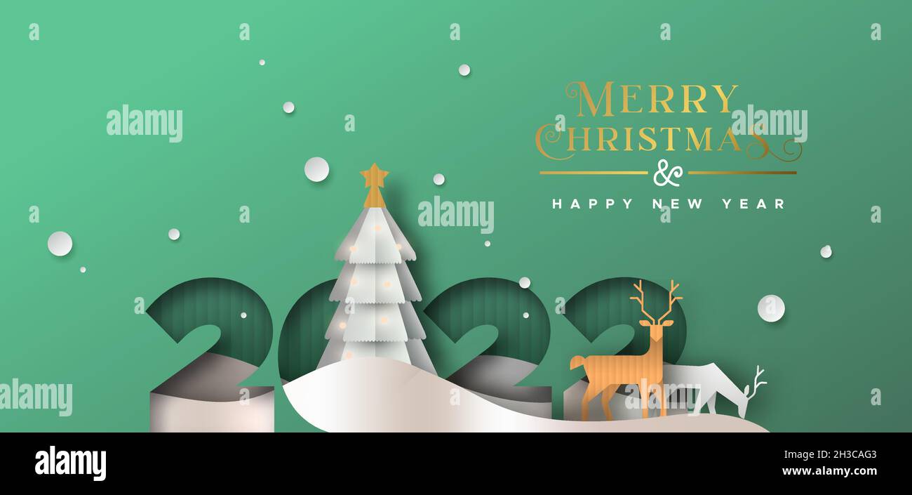 Merry Christmas Happy new year greeting card illustration. 2022 papercut number with winter forest landscape. 3D paper cut craft rein deer and pine tr Stock Vector