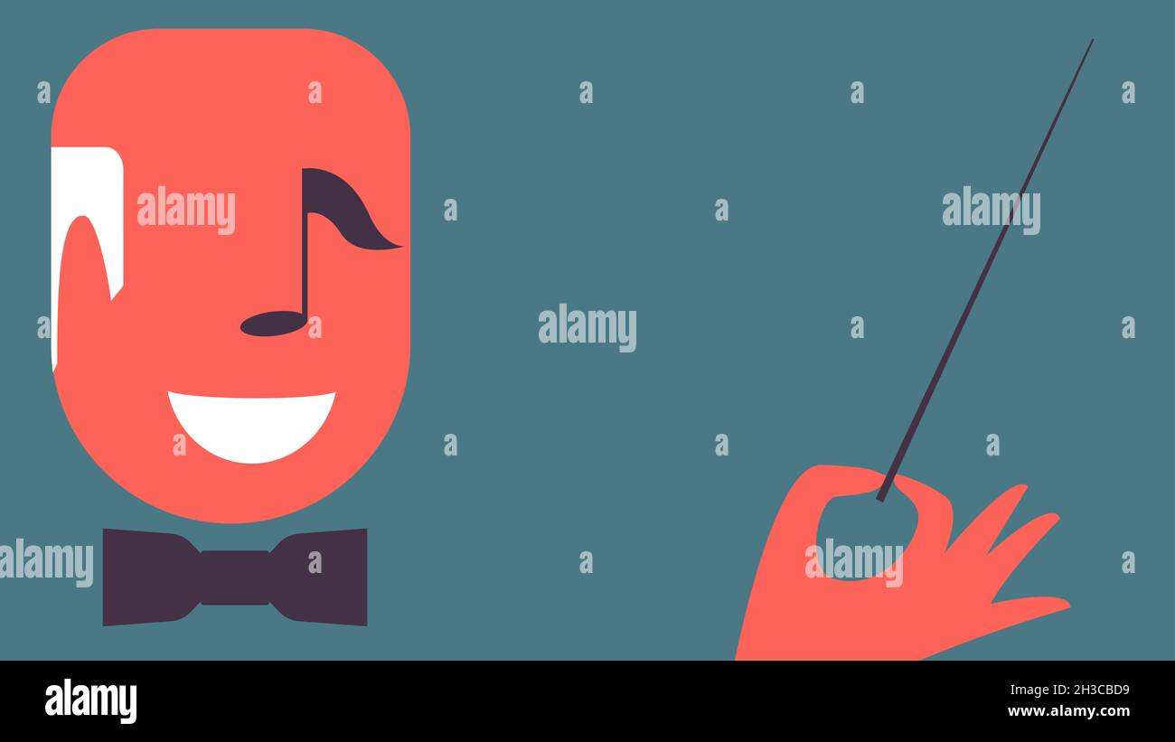 Concept vector illustration of smiling orchestra conductor with music note as part of his face. Stock Photo