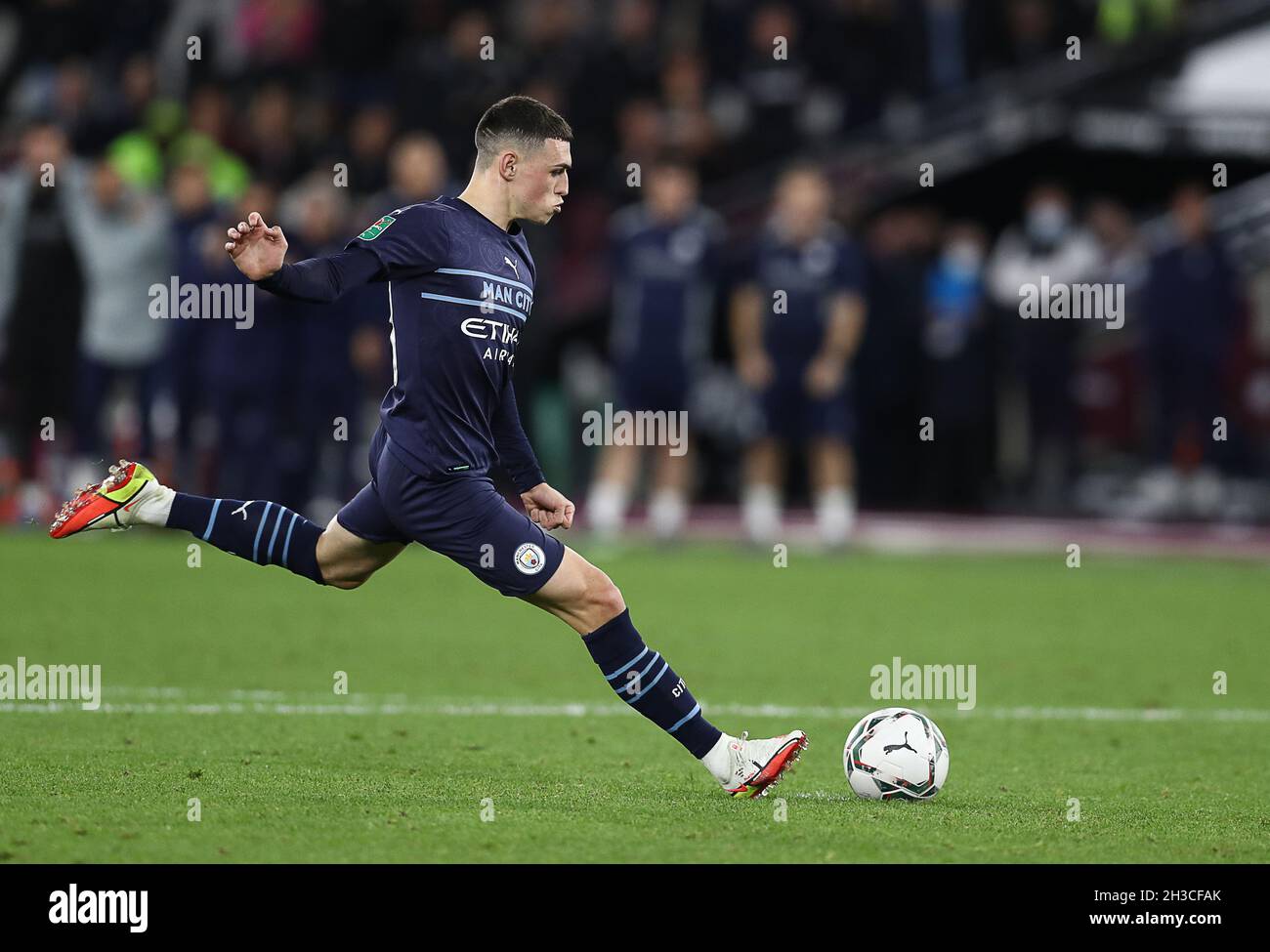 London, England, 27th October 2021. Phil Foden of Manchester City misses his penalty during the shootout during the Carabao Cup match at the London Stadium, London. Picture credit should read: Paul Terry / Sportimage Stock Photo