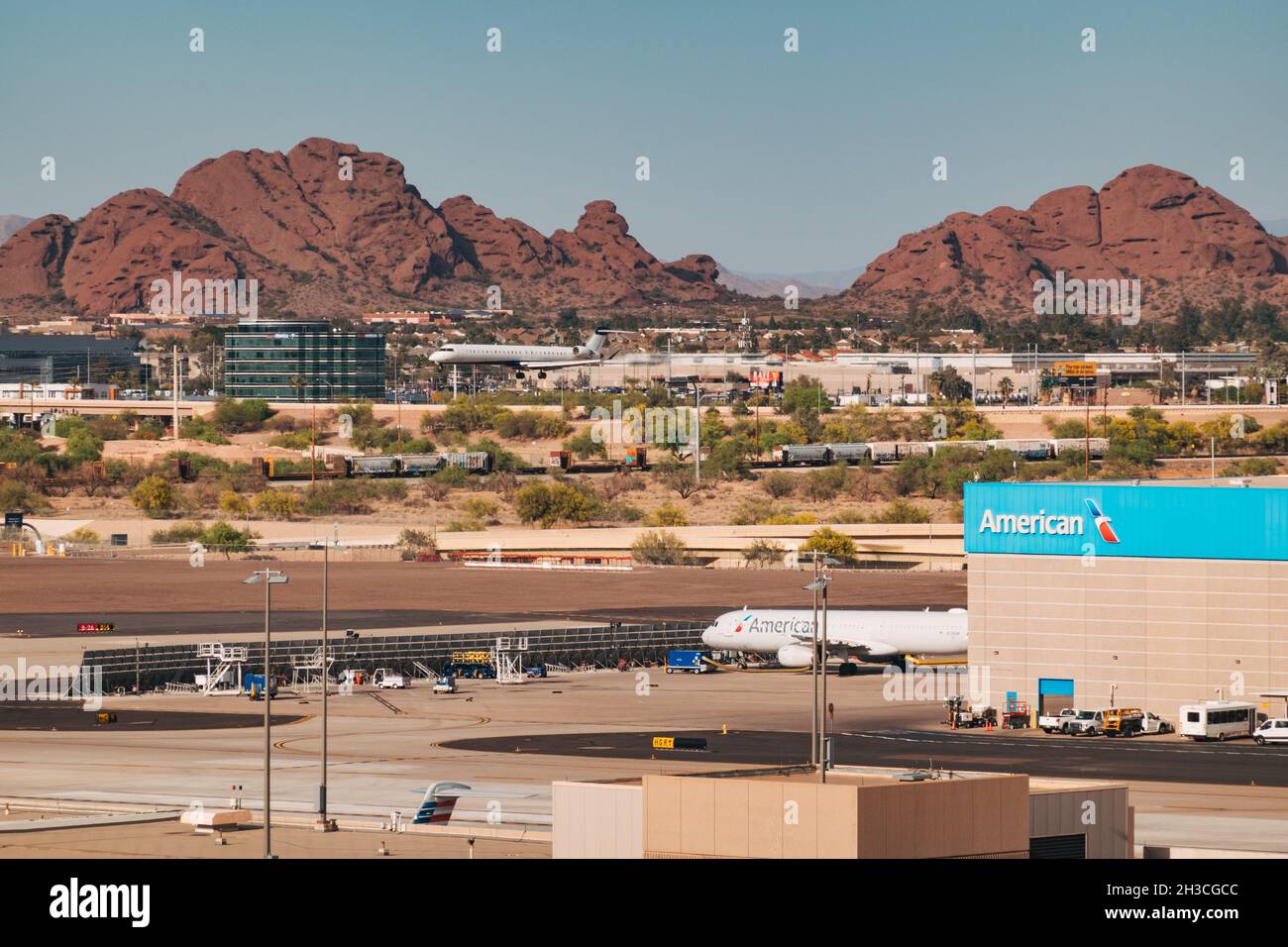 Camelback Mountain as seen from Phoenix Sky Harbor Airport, Arizona Stock Photo