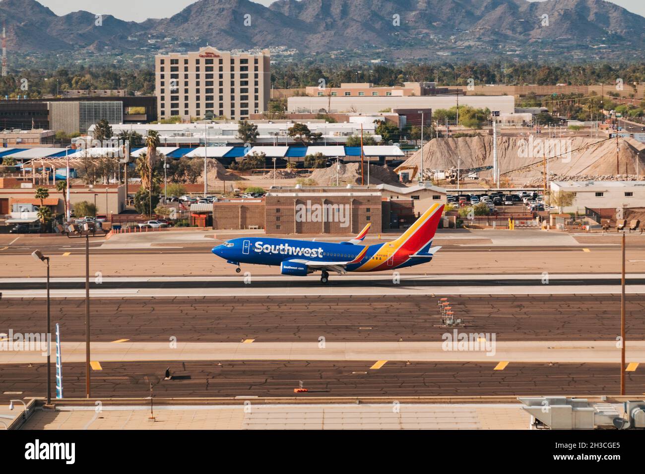 a Southwest Airlines Boeing 737700 lands at Phoenix Sky Harbor Airport