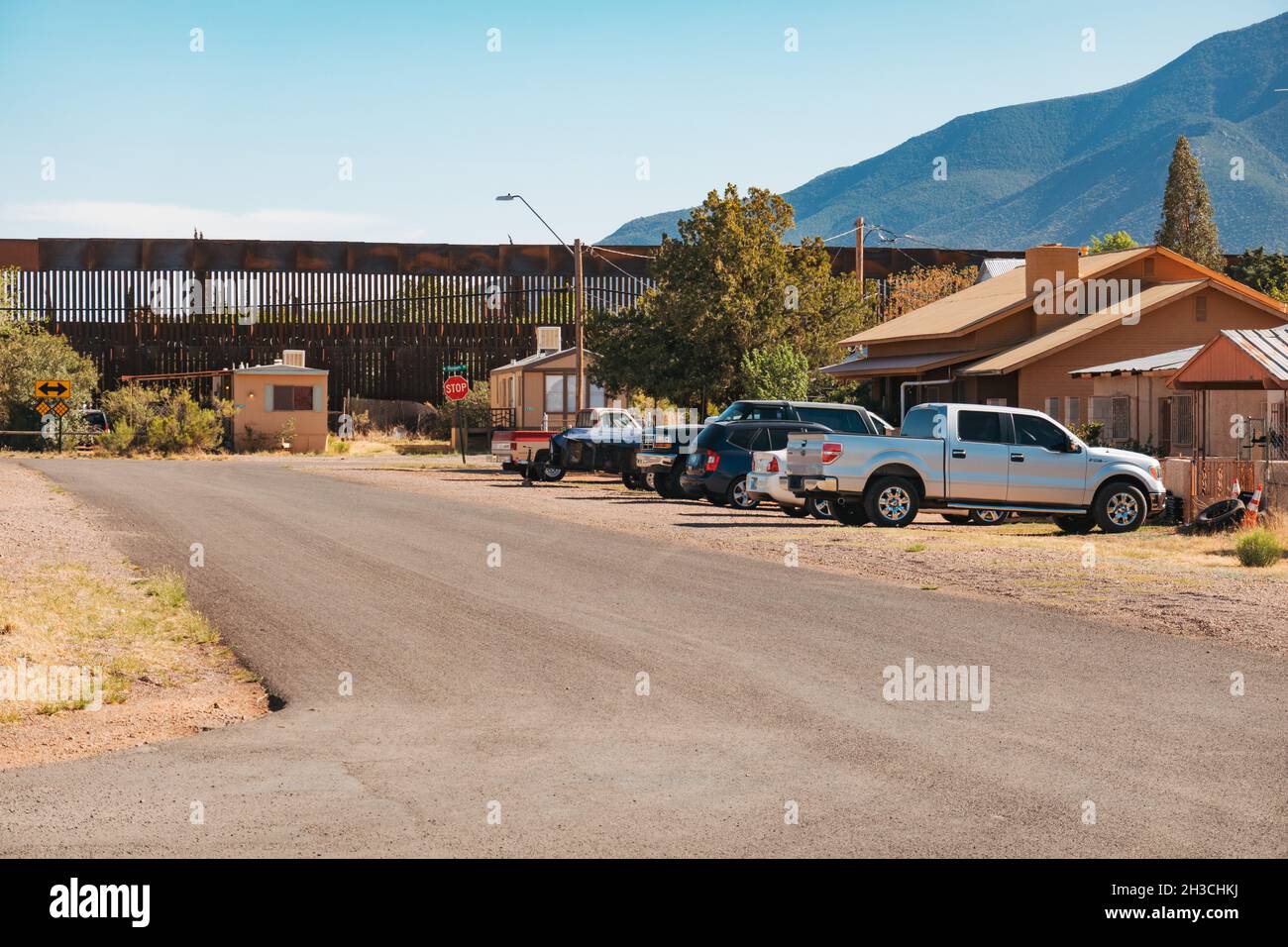 Cars parked in a suburban street in the U.S. border town of Naco