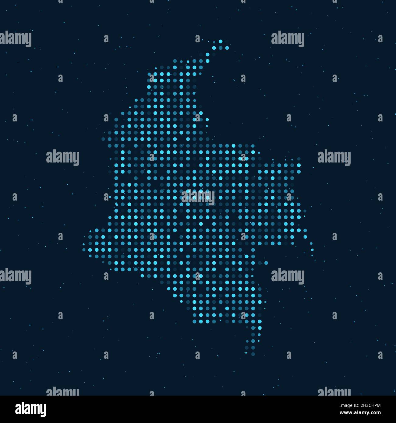 Abstract Dotted Halftone with starry effect in dark Blue background with map of Colombia. Digital dotted technology design sphere and structure. vecto Stock Vector