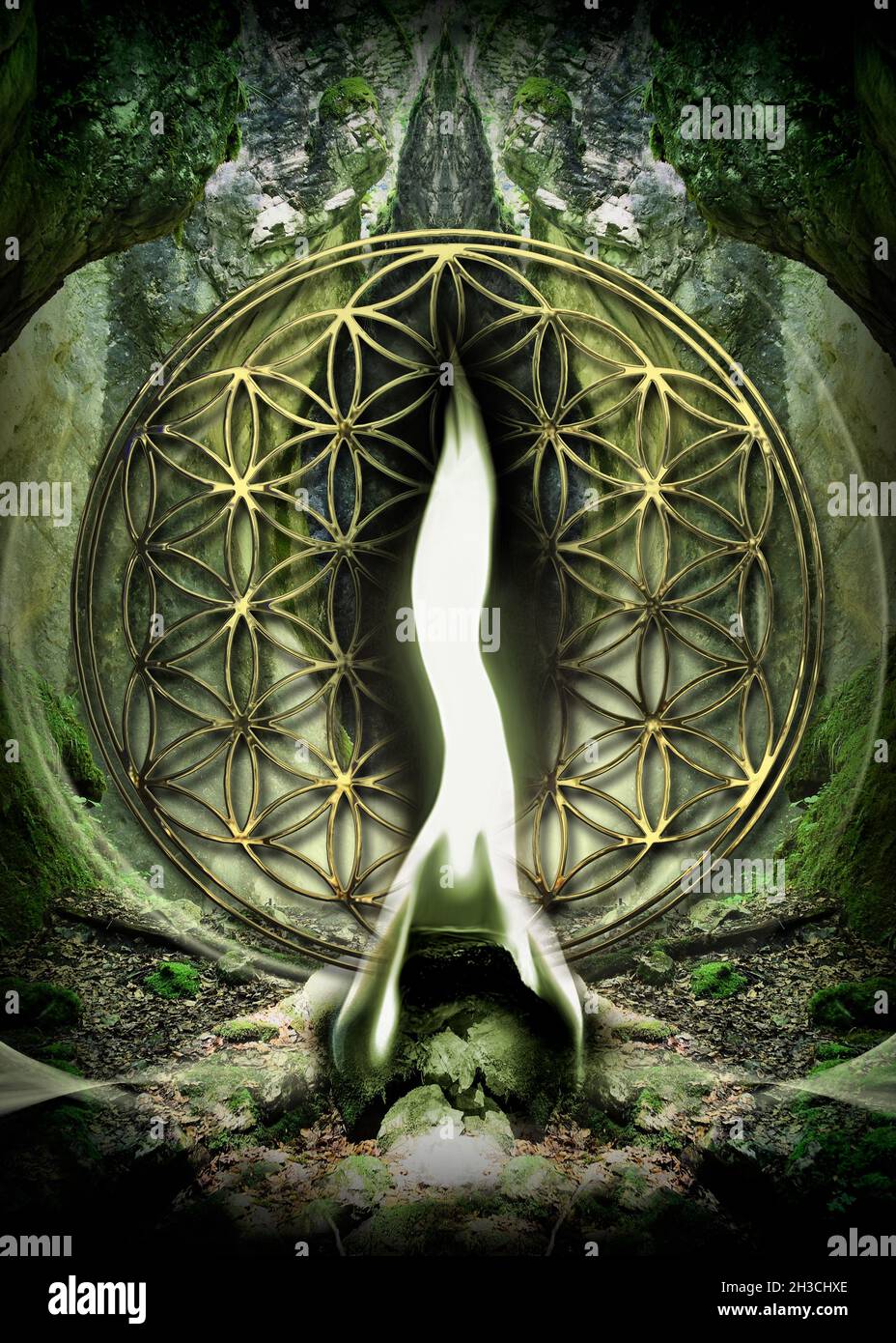 Poster, Wallpaper with Flower Of Life and Green Flame of Archangel Raphael  in beautiful mystical forest landscape Stock Photo - Alamy