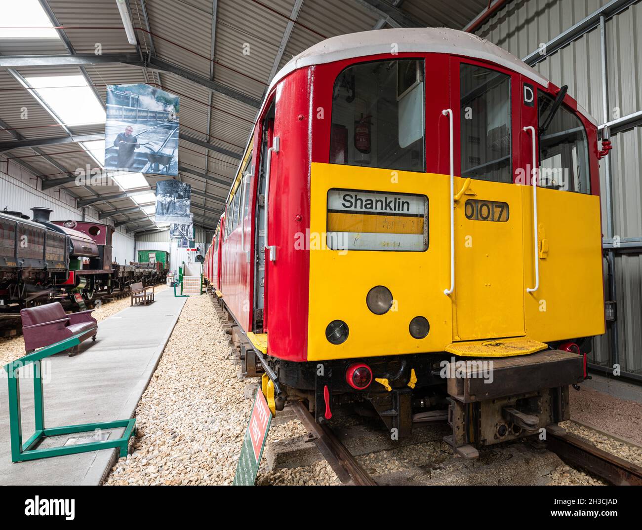 London underground tube train retired from the Island Line railway in the Island's Railway museum, Isle of Wight, England Stock Photo