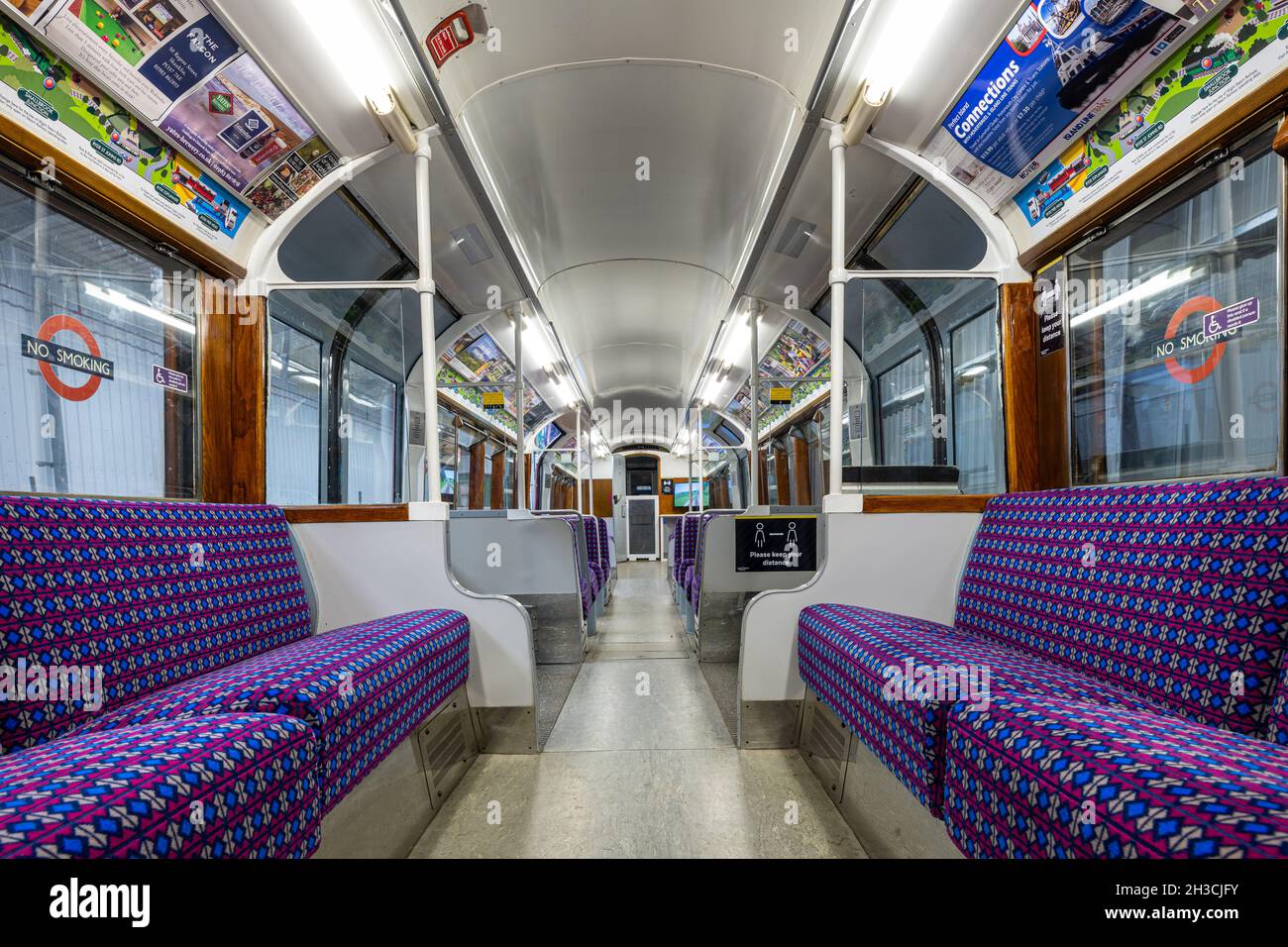 Interior of a London underground tube train retired from the Island Line railway in the Island's Railway museum, Isle of Wight, England Stock Photo