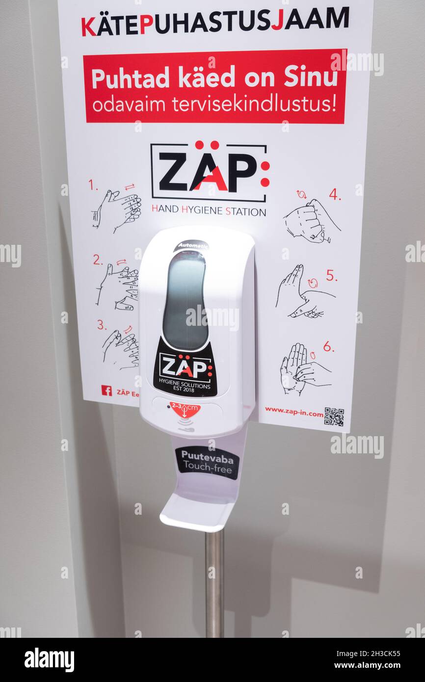 Tallinn, Estonia - October 18: Zäp hand cleaning station in public space. Smart tech touch-free hand sanitizer device by Zap. Stock Photo