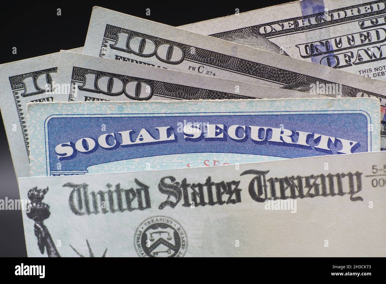 Lale Elsinore, CA - October 26, 2021: United States Treasury check with US currency and SSN Card. Stock Photo