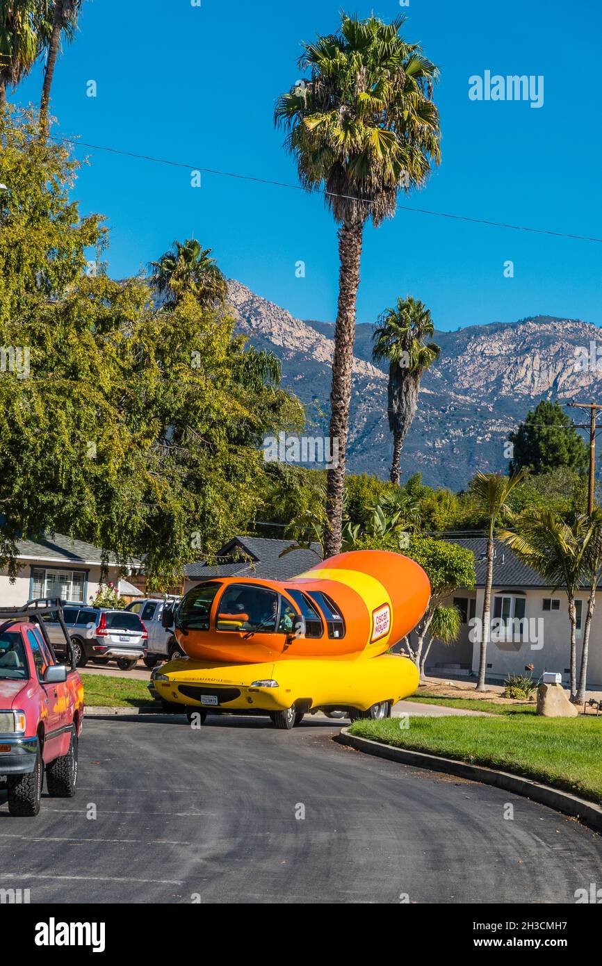 The Oscar Meyer Weinermobile drives around a cul-de-sac in Santa Barbara County, California. Stock Photo