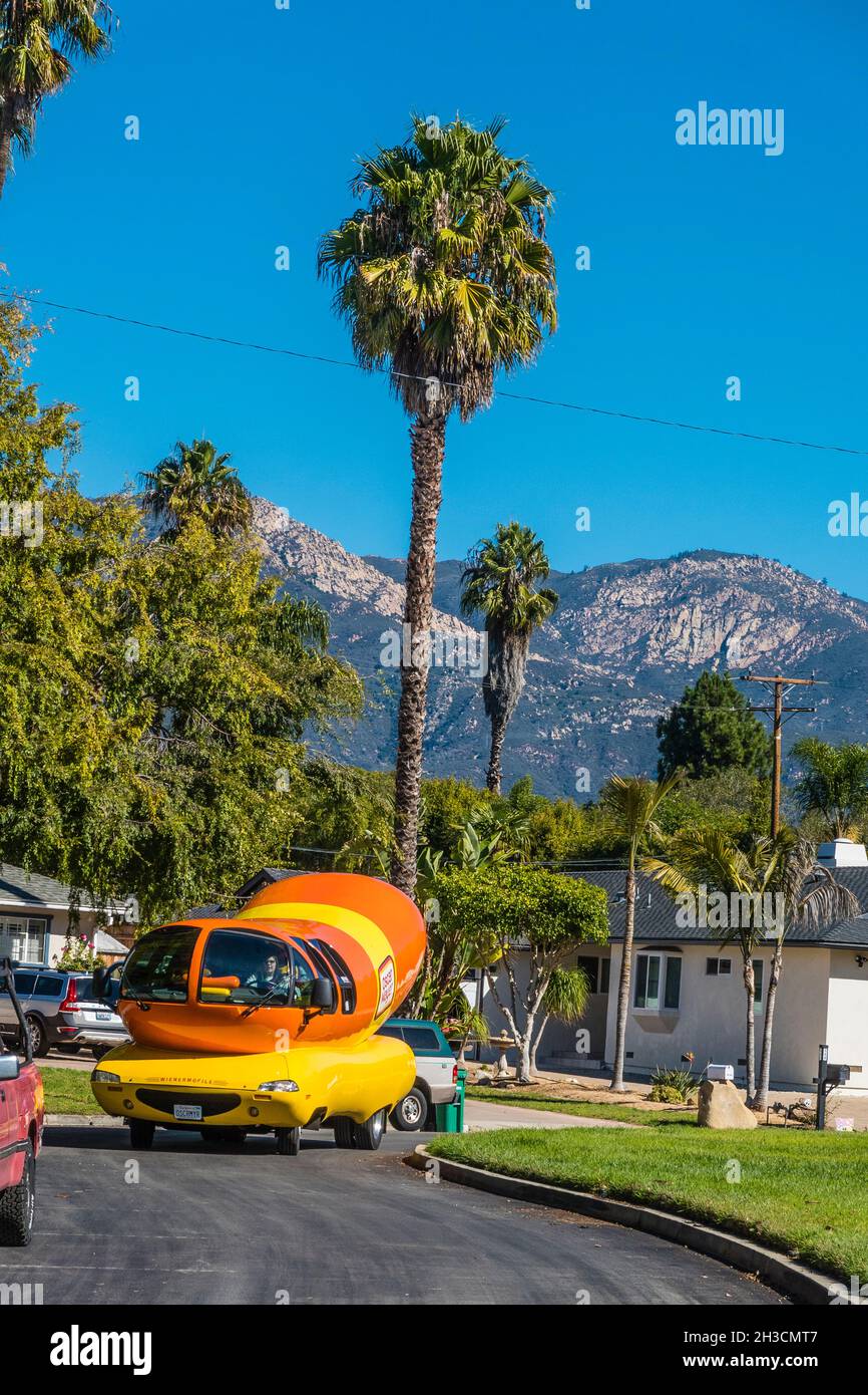 The Oscar Meyer Weinermobile drives around a cul-de-sac in Santa Barbara County, California. Stock Photo
